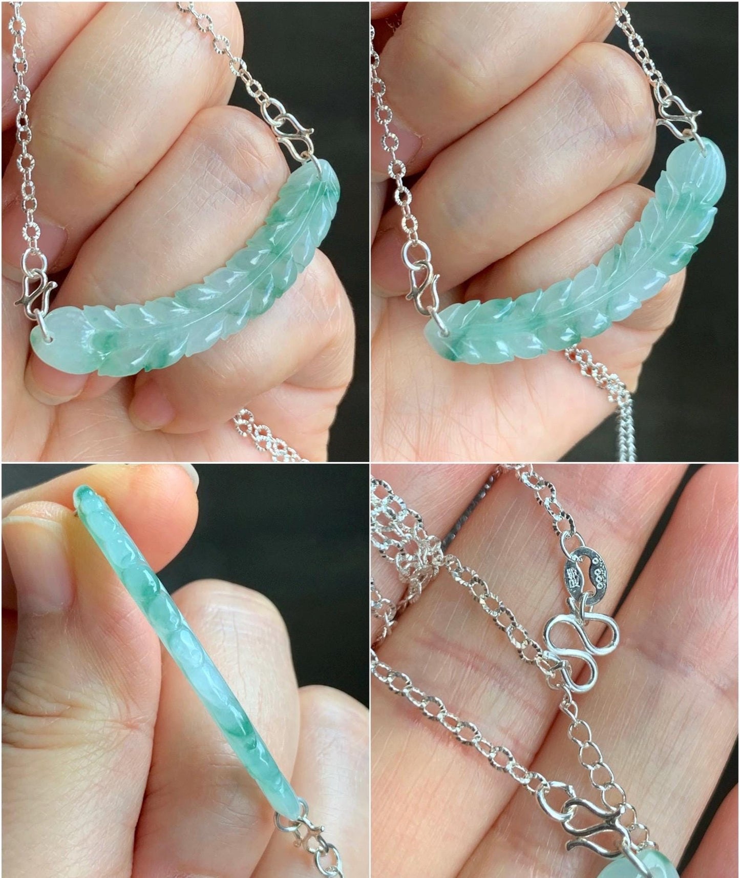 Natural Grade A Icy Translucent Gelatinous Light Green Marbled Jadeite Carved Feather Pendant 999 Sterling Silver Necklace Adjustable 6g