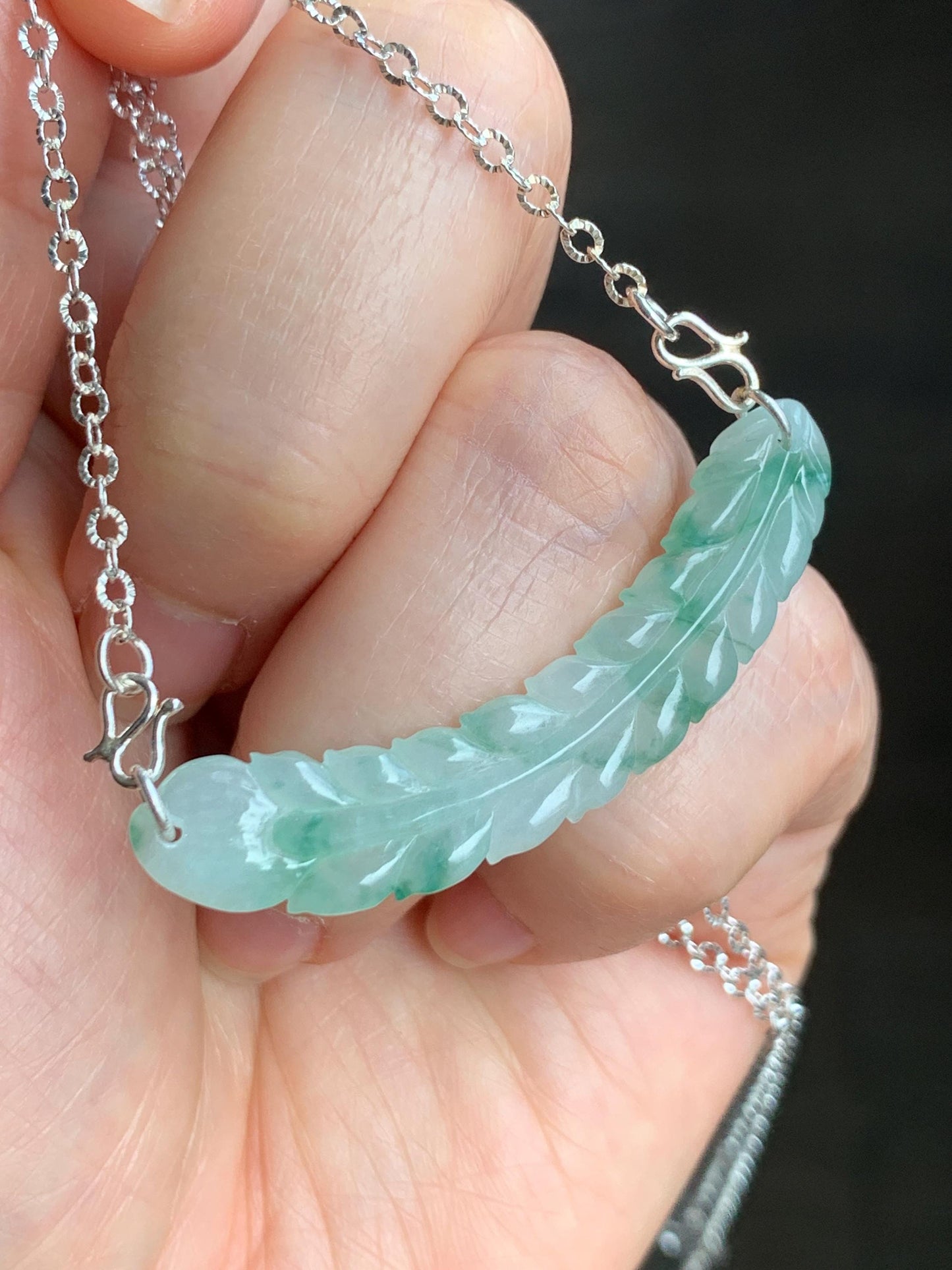 Natural Grade A Icy Translucent Gelatinous Light Green Marbled Jadeite Carved Feather Pendant 999 Sterling Silver Necklace Adjustable 6g