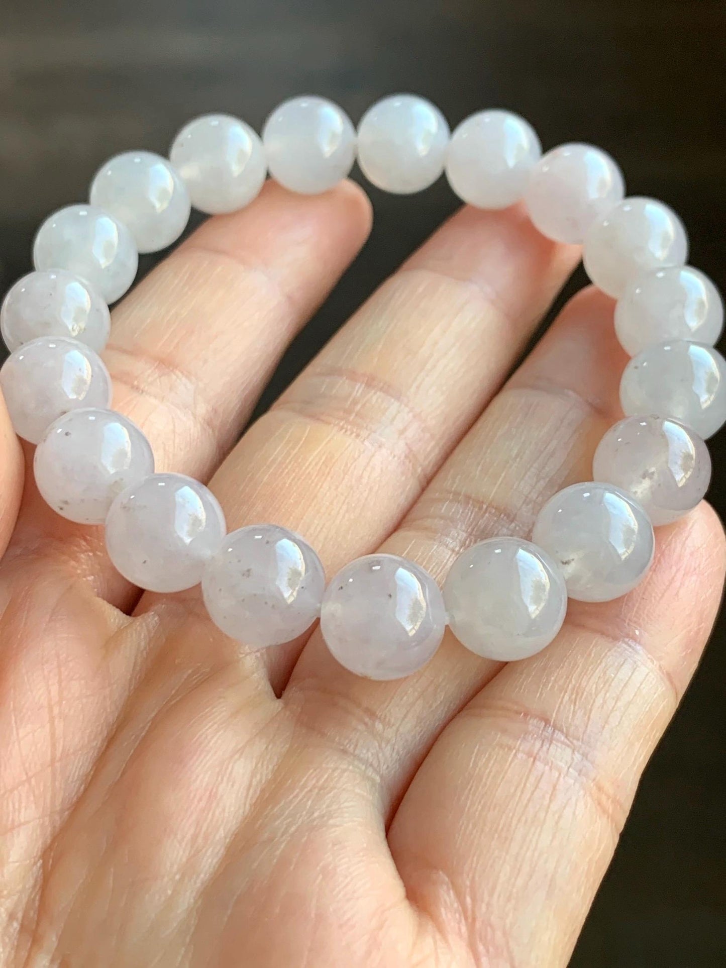 Certified Natural Grade A Icy Highly Translucent Gelatinous Pastel Dusty Rose Jadeite with dark yellow and gray marbling spots Large Beads Beaded Bracelet 10mm