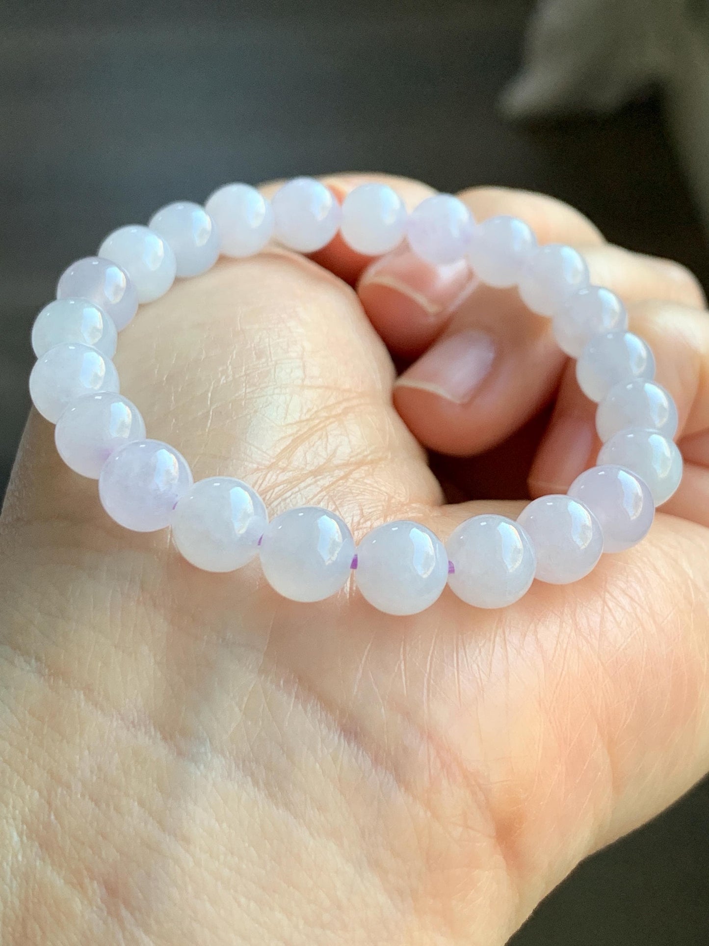 Natural Grade A Icy Translucent Gelatinous Jadeite w/ Pastel Lavender Undertone Round Beads Beaded Bracelet 7.7mm 天然冰胶淡紫底翡翠手串