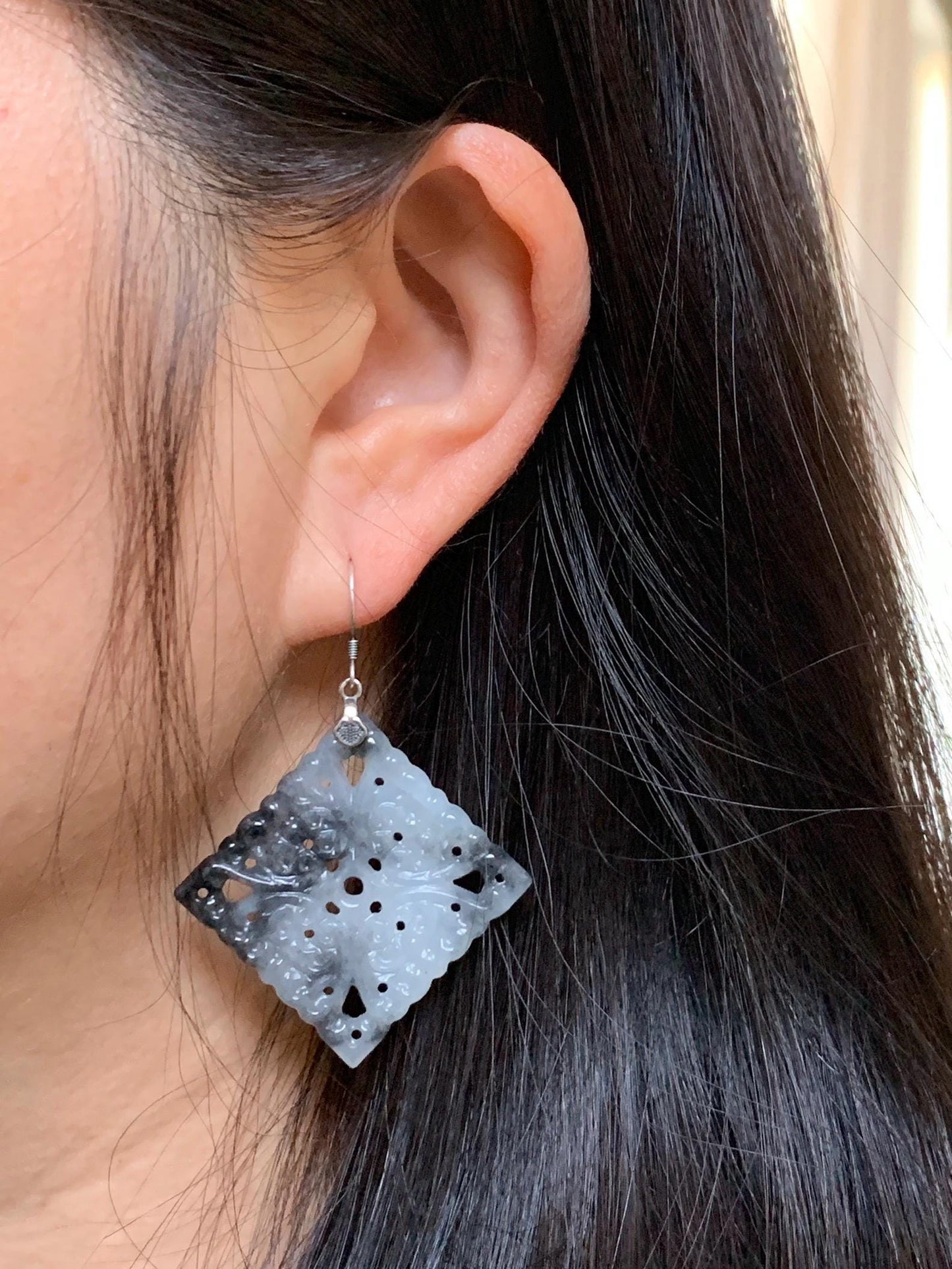 Natural Grade A Icy Translucent Wuji Marbled Jadeite Diamond Shaped Openwork Engraved Dangle Earrings Sterling Silver 15g