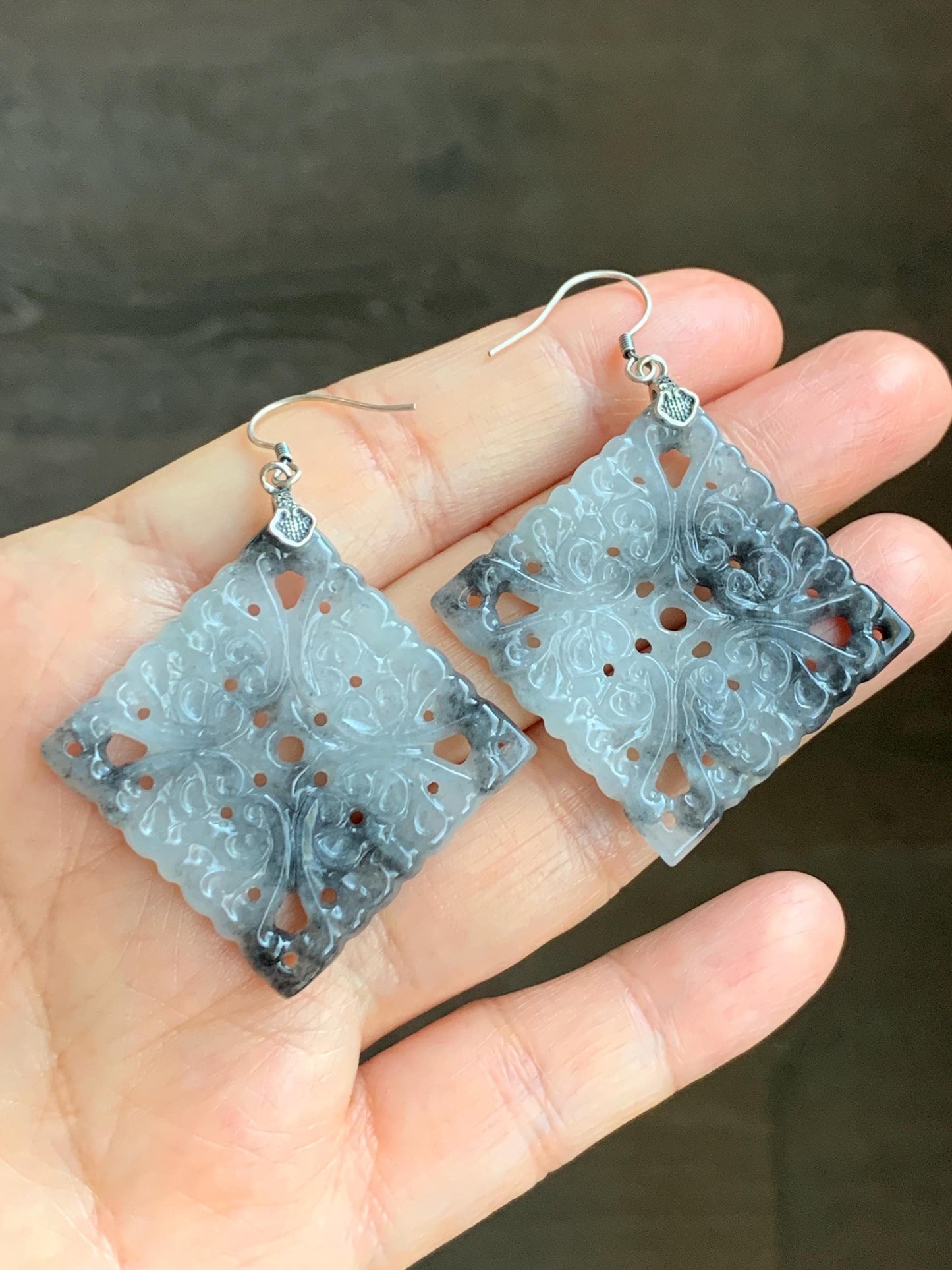Natural Grade A Icy Translucent Wuji Marbled Jadeite Diamond Shaped Openwork Engraved Dangle Earrings Sterling Silver 15g