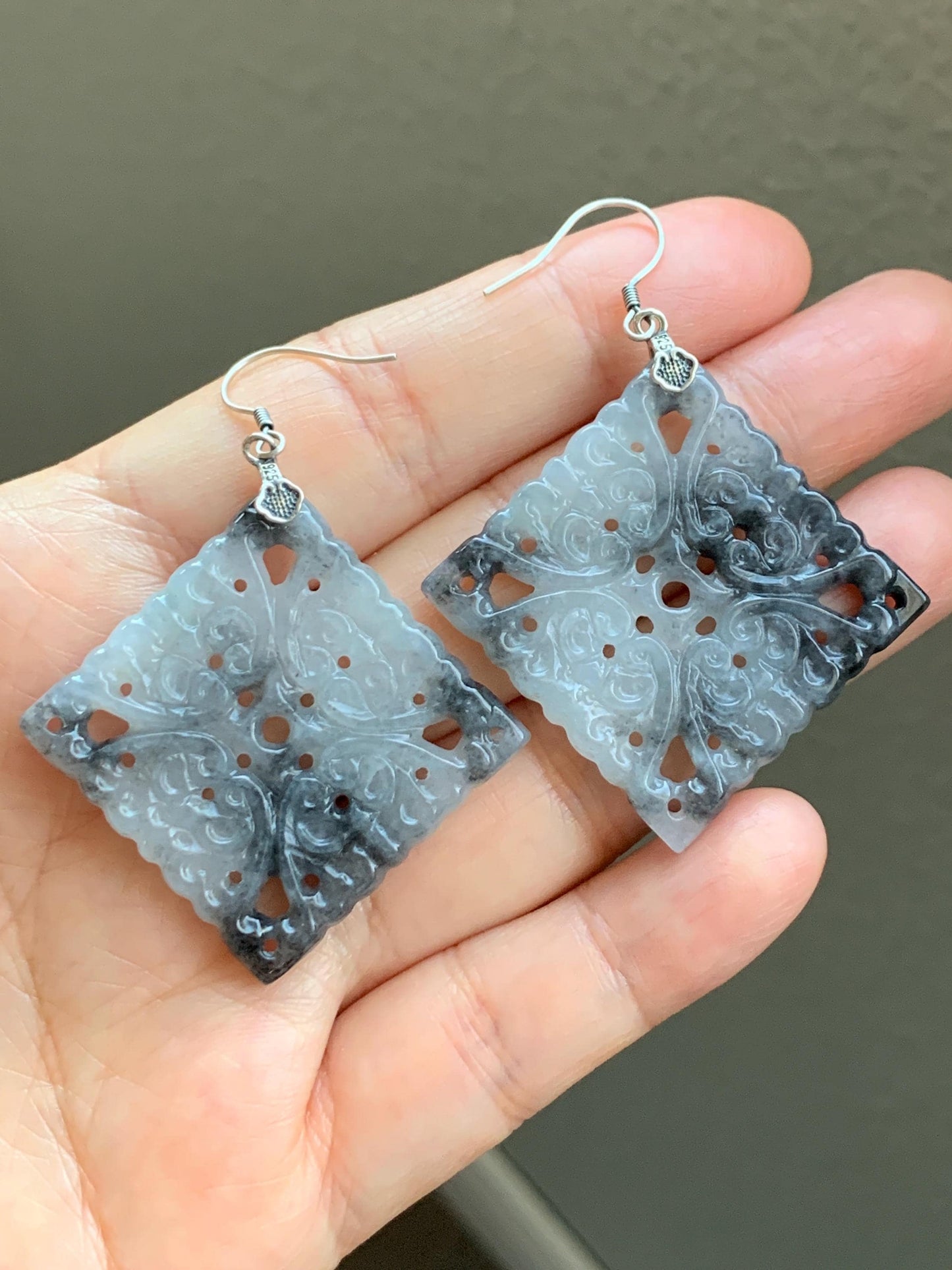 Natural Grade A Icy Translucent Wuji Marbled Jadeite Diamond Shaped Openwork Engraved Dangle Earrings Sterling Silver 15g