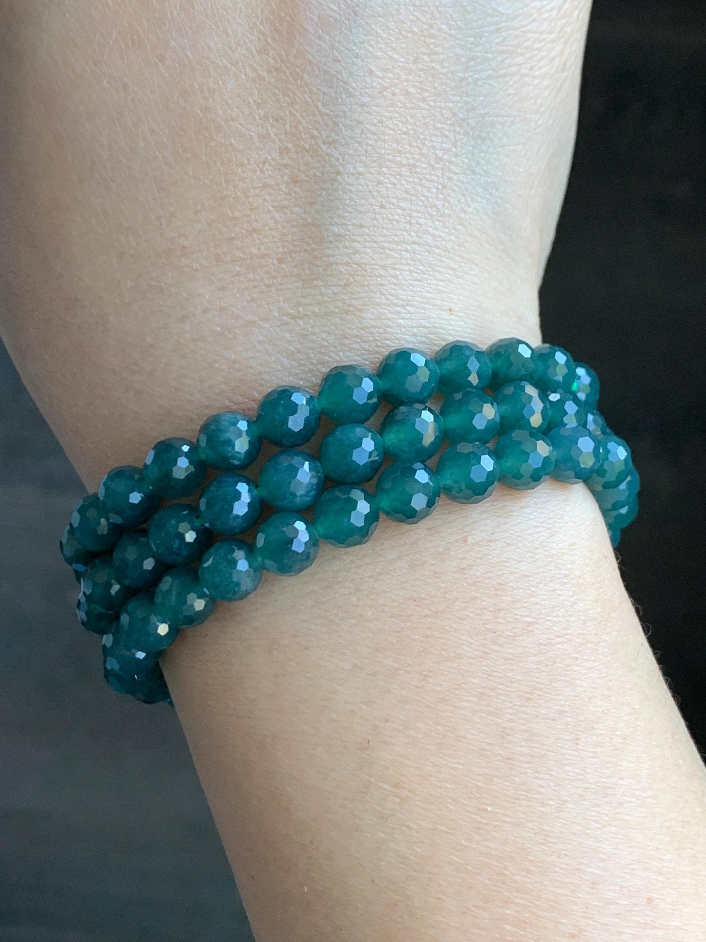 Natural Guatemalan Grade A Icy Translucent Dusty Teal Blue Faceted Jadeite Beaded Bracelet Stretchy 6.5mm