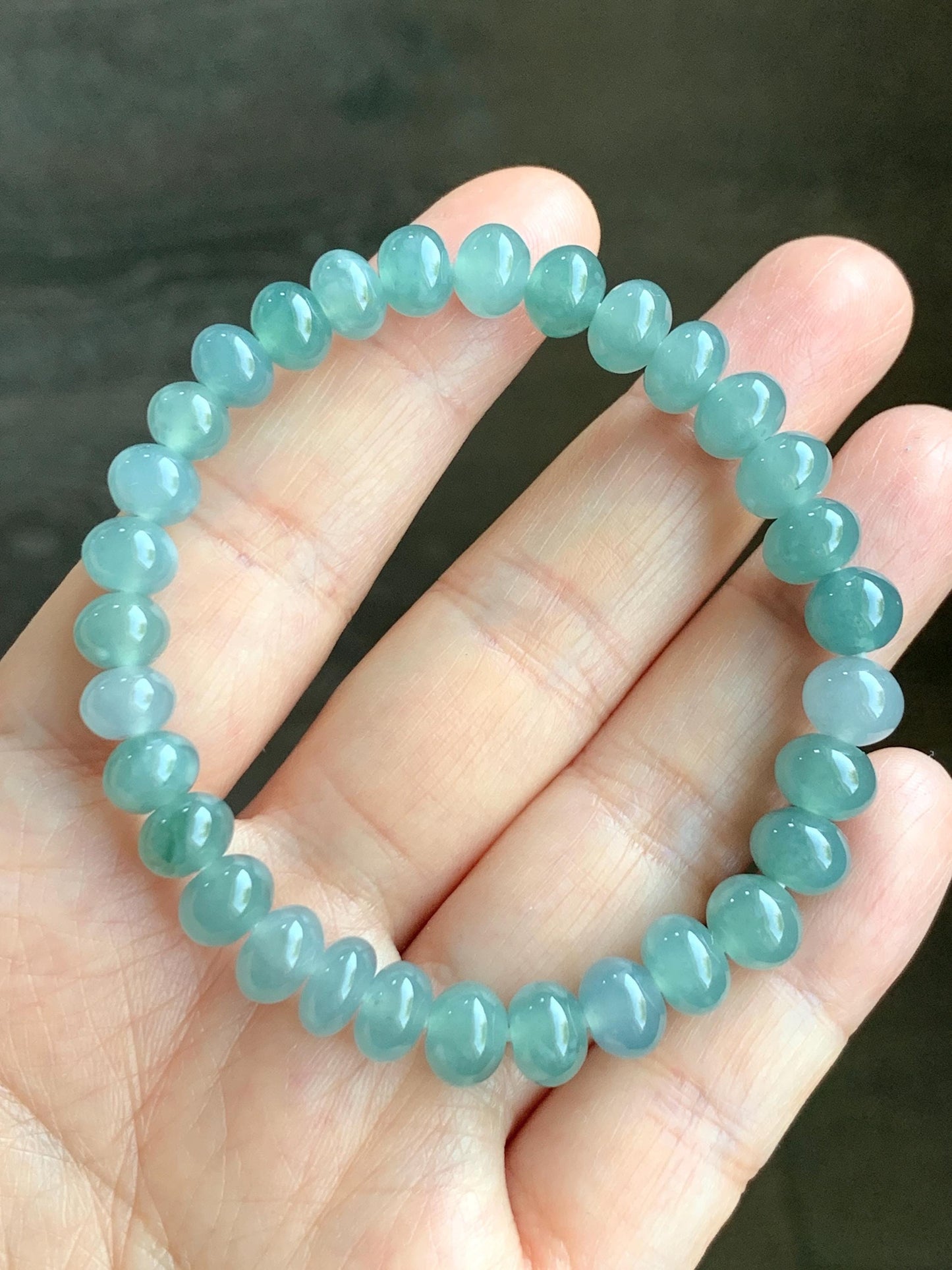 Natural Grade A Guatemalan Icy Translucent Teal Blue Jadeite Drum Beads Beaded Bracelet Stretchy