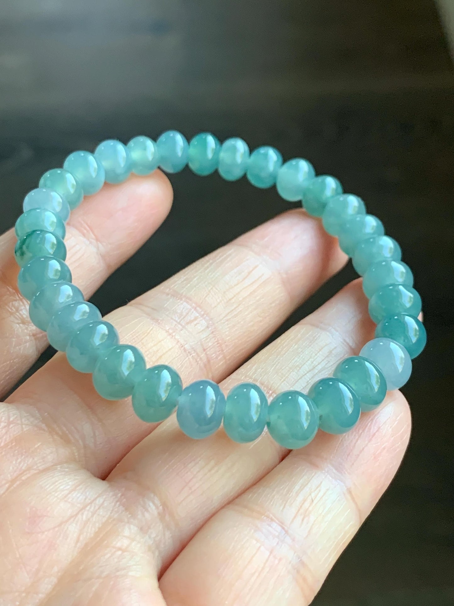 Natural Grade A Guatemalan Icy Translucent Teal Blue Jadeite Drum Beads Beaded Bracelet Stretchy
