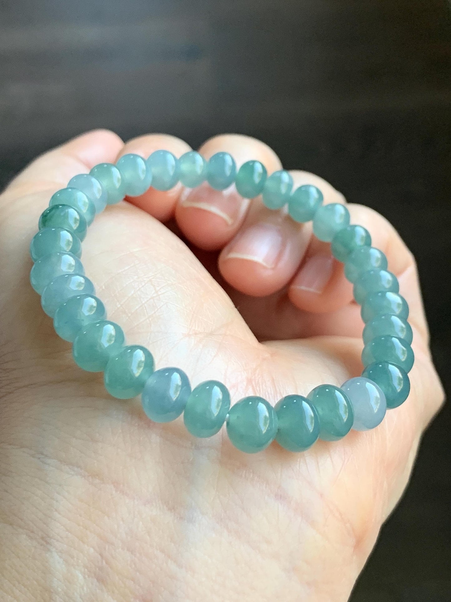 Natural Grade A Guatemalan Icy Translucent Teal Blue Jadeite Drum Beads Beaded Bracelet Stretchy