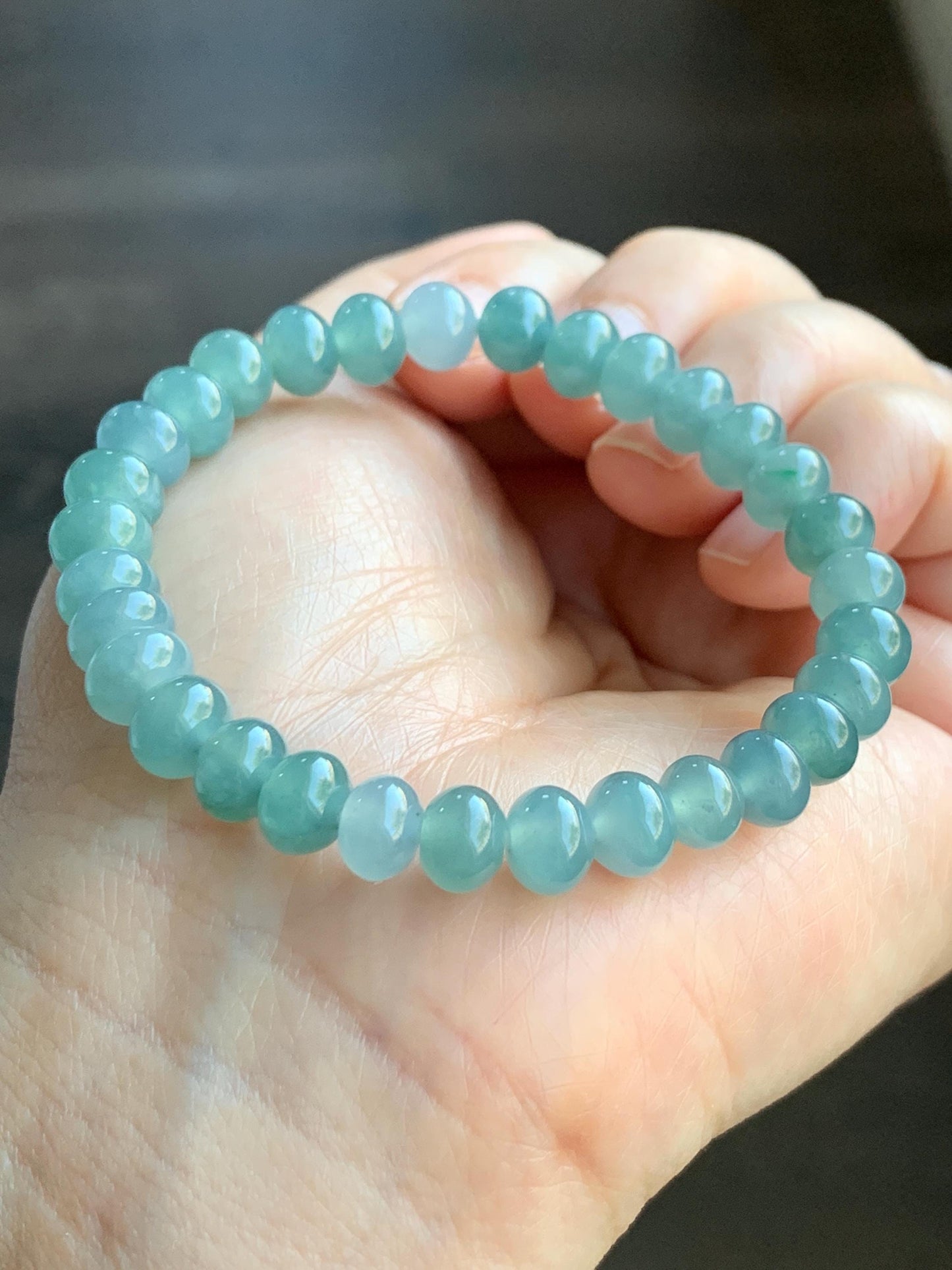 Natural Grade A Guatemalan Icy Translucent Teal Blue Jadeite Drum Beads Beaded Bracelet Stretchy 6.75” 18g 天然老种冰危蓝翡翠鼓珠手串