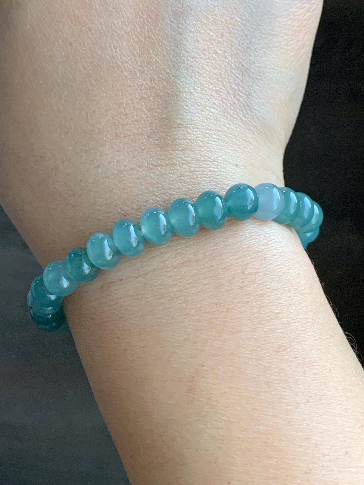 Natural Grade A Guatemalan Icy Translucent Teal Blue Jadeite Drum Beads Beaded Bracelet Stretchy