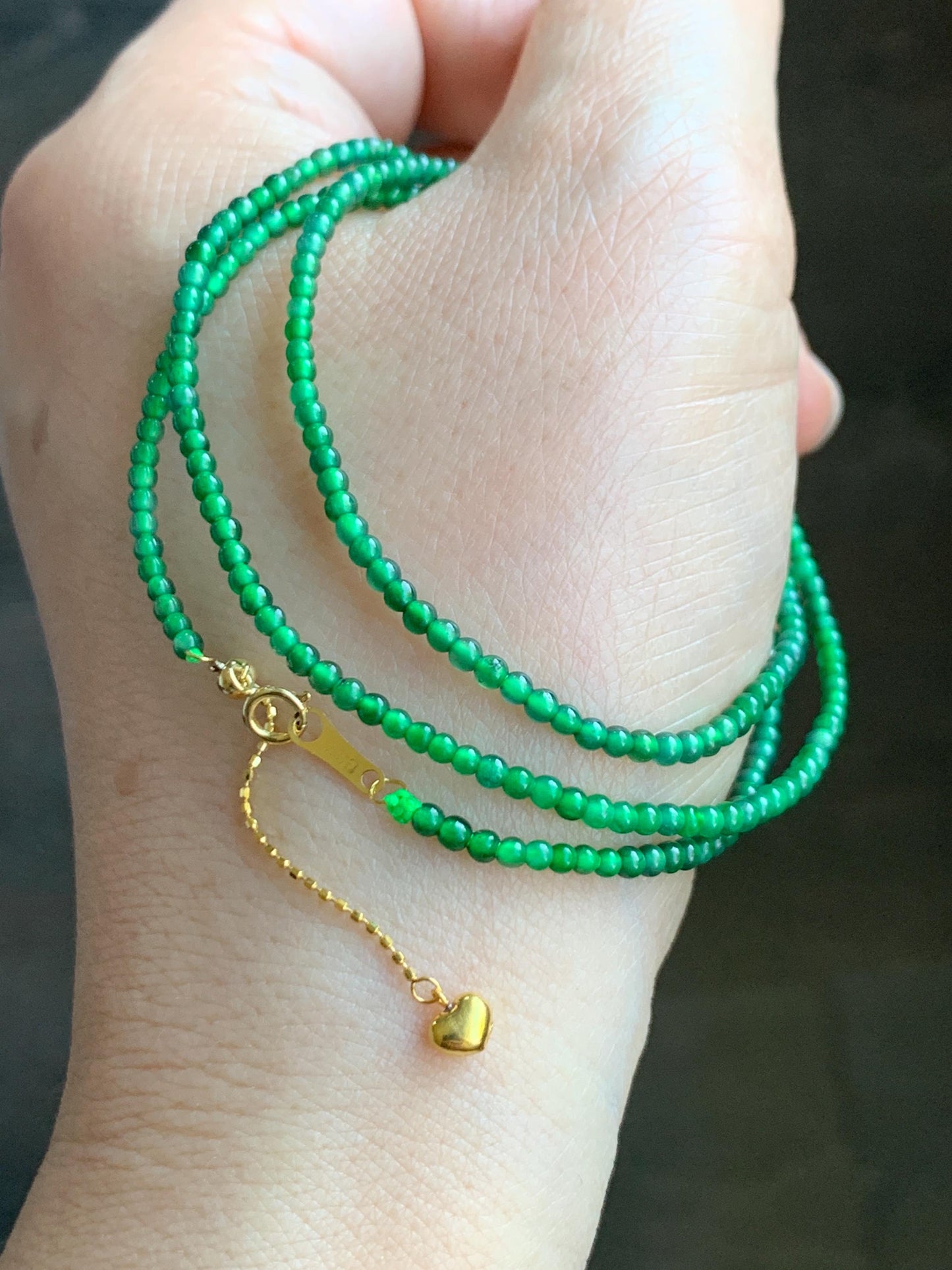 Natural Grade A Guatemalan Icy Translucent Vibrant Green Jadeite Petite Beaded Necklace 18K Yellow Gold 2.3mm 天然冰危绿翡翠小卡圆珠项链K金扣头
