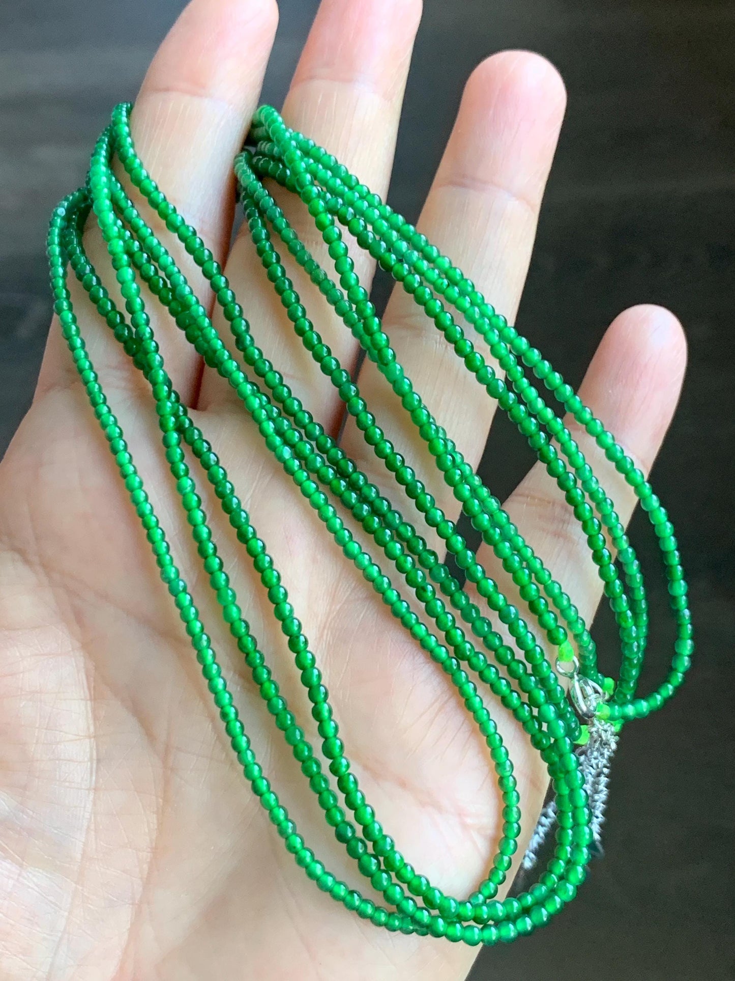 Natural Grade A Guatemalan Icy Translucent Vibrant Green Jadeite Petite Beaded Necklace Sterling Silver 2.3-2.5mm 6g