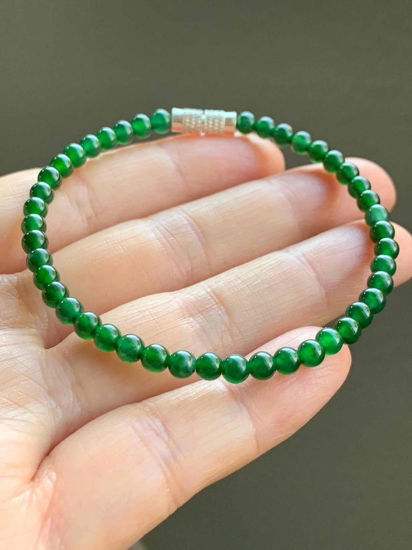Certified Grade A Natural Guatemalan Icy Translucent Intense Green Jadeite Beads Beaded Bracelet 4mm 5.43g