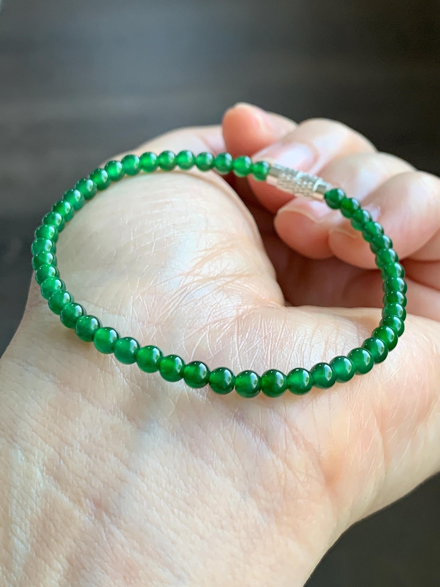 Certified Grade A Natural Guatemalan Icy Translucent Intense Green Jadeite Beads Beaded Bracelet 3.9mm 6 7/8” 4.87g 天然冰危绿翡翠小卡圆珠手串 1706