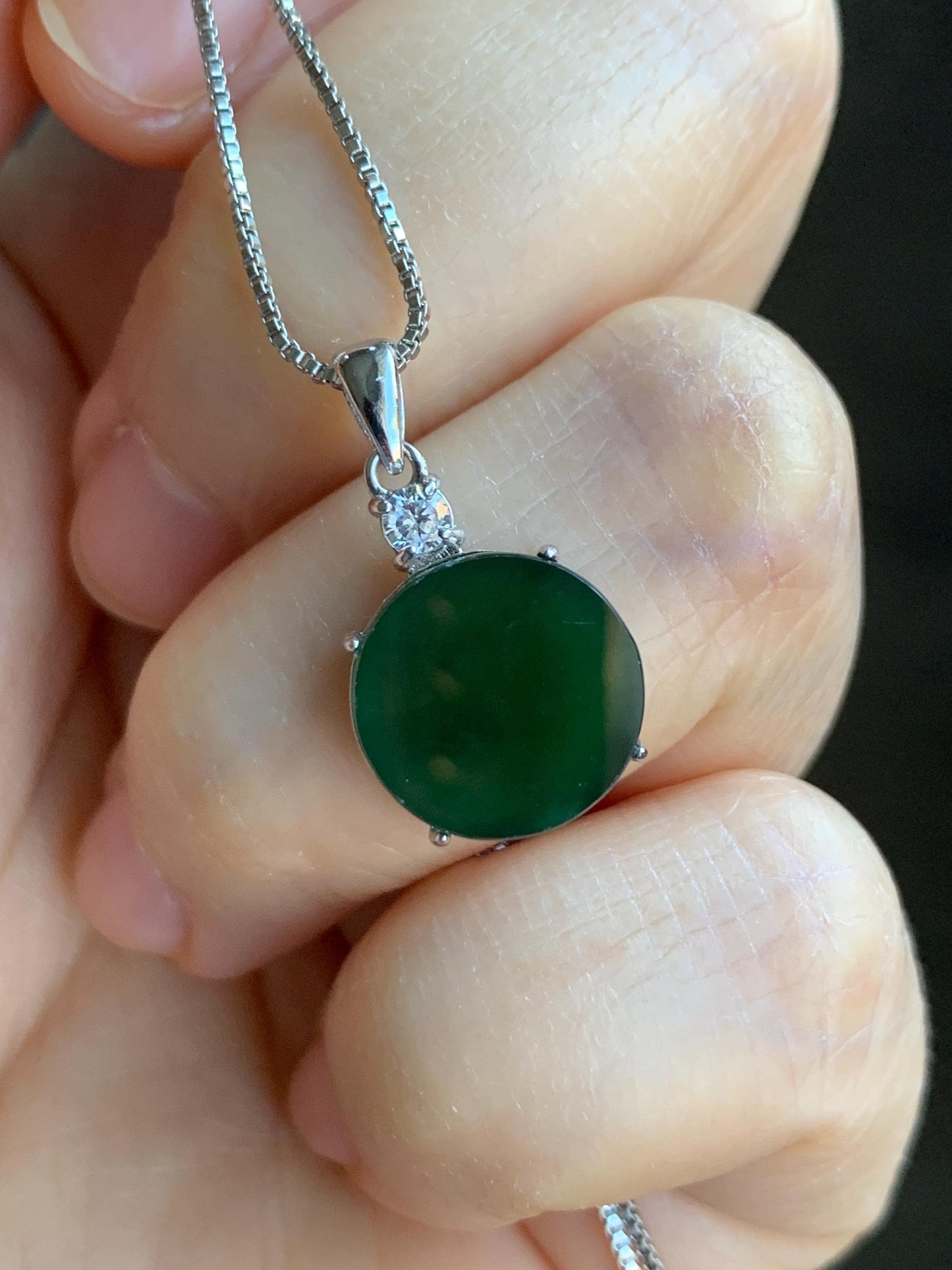 Natural Grade A Guatemalan Icy Translucent Dark Teal Green Jadeite Mini Wu Shi Pai Coin Pendant Sterling Silver 天然冰危湖水绿翡翠迷你无事牌镶嵌吊坠 HSL55