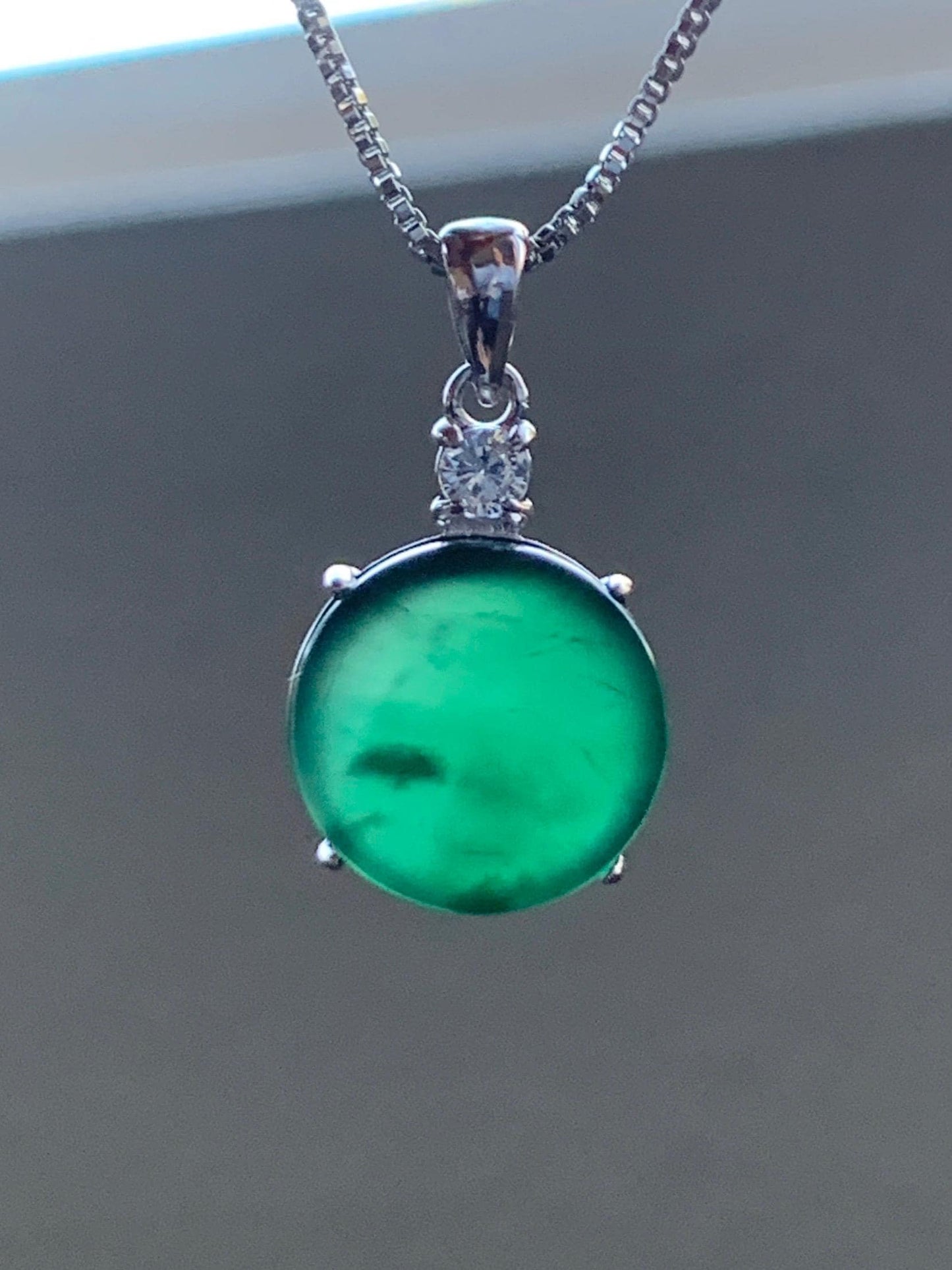 Natural Grade A Guatemalan Icy Translucent Dark Teal Green Jadeite Mini Wu Shi Pai Coin Pendant Sterling Silver 天然冰危湖水绿翡翠迷你无事牌镶嵌吊坠 HSL55
