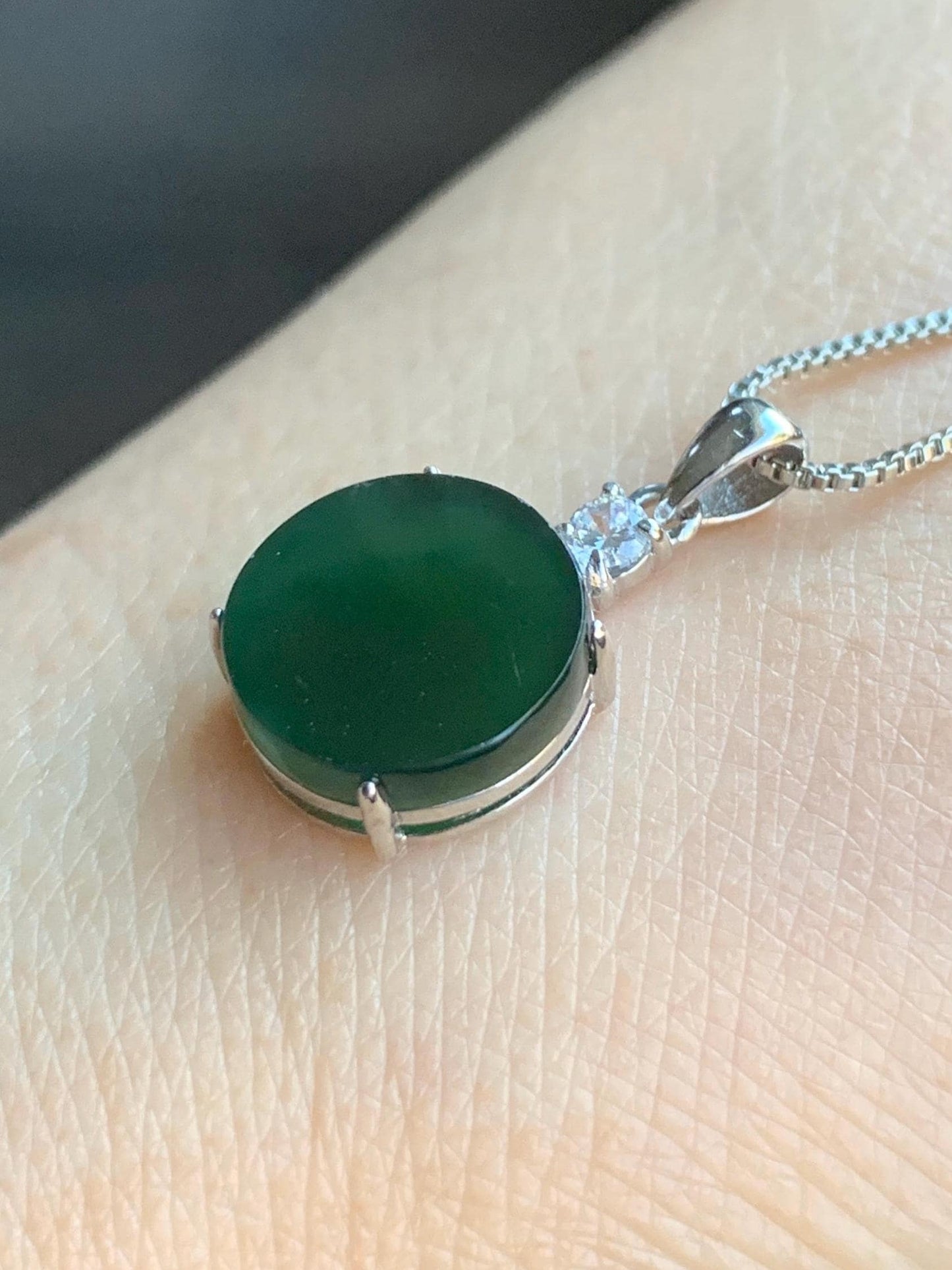 Natural Grade A Guatemalan Icy Translucent Dark Teal Green Jadeite Mini Wu Shi Pai Coin Pendant Sterling Silver 天然冰危湖水绿翡翠迷你无事牌镶嵌吊坠 HSL55