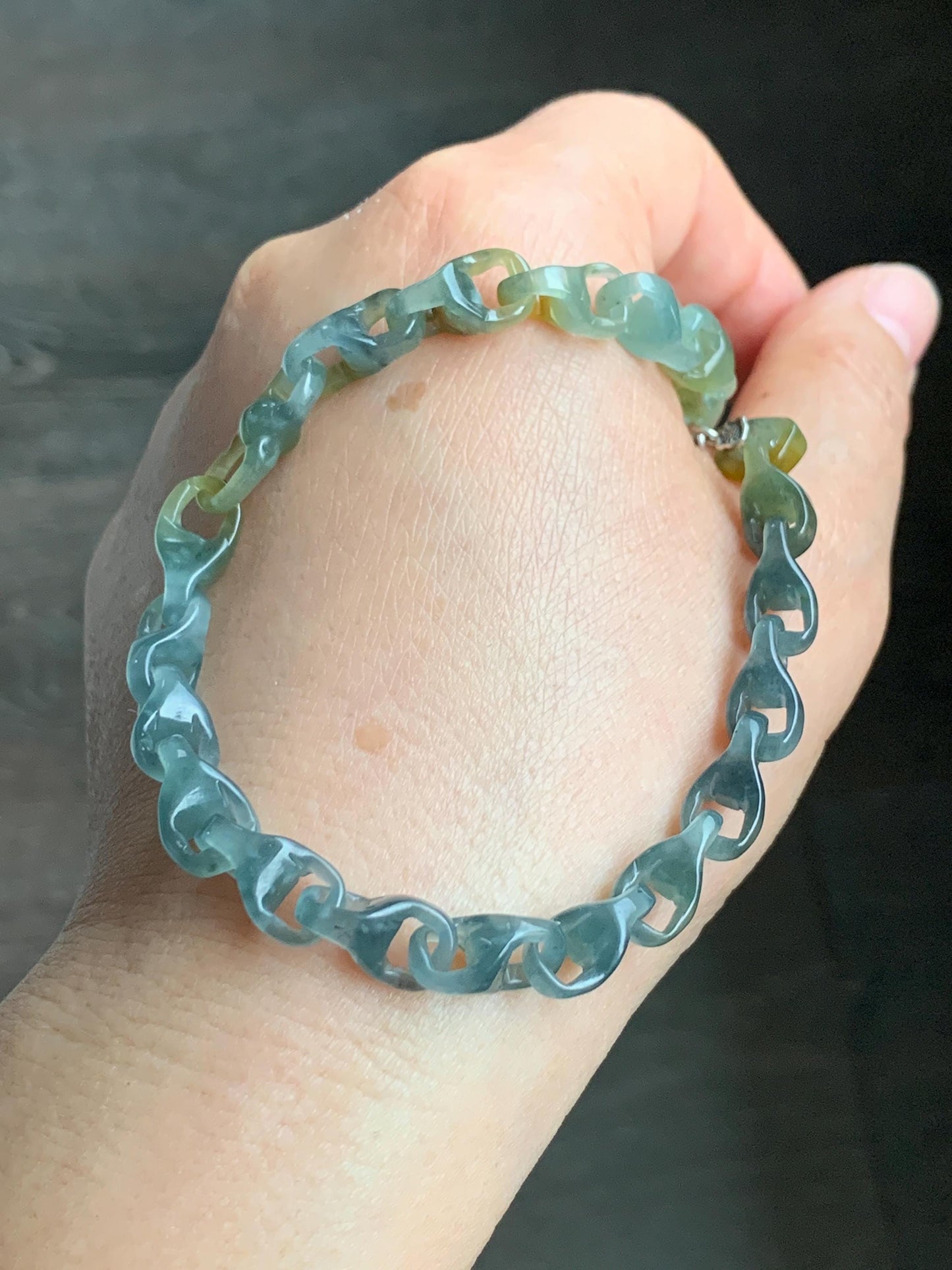 Certified Natural Guatemalan Icy Blue Yellow Marbled Jadeite Interlocked Dragon Bone Links Necklace Sterling Silver 天然冰危蓝飘花翡翠龙骨环环相扣项链 1675