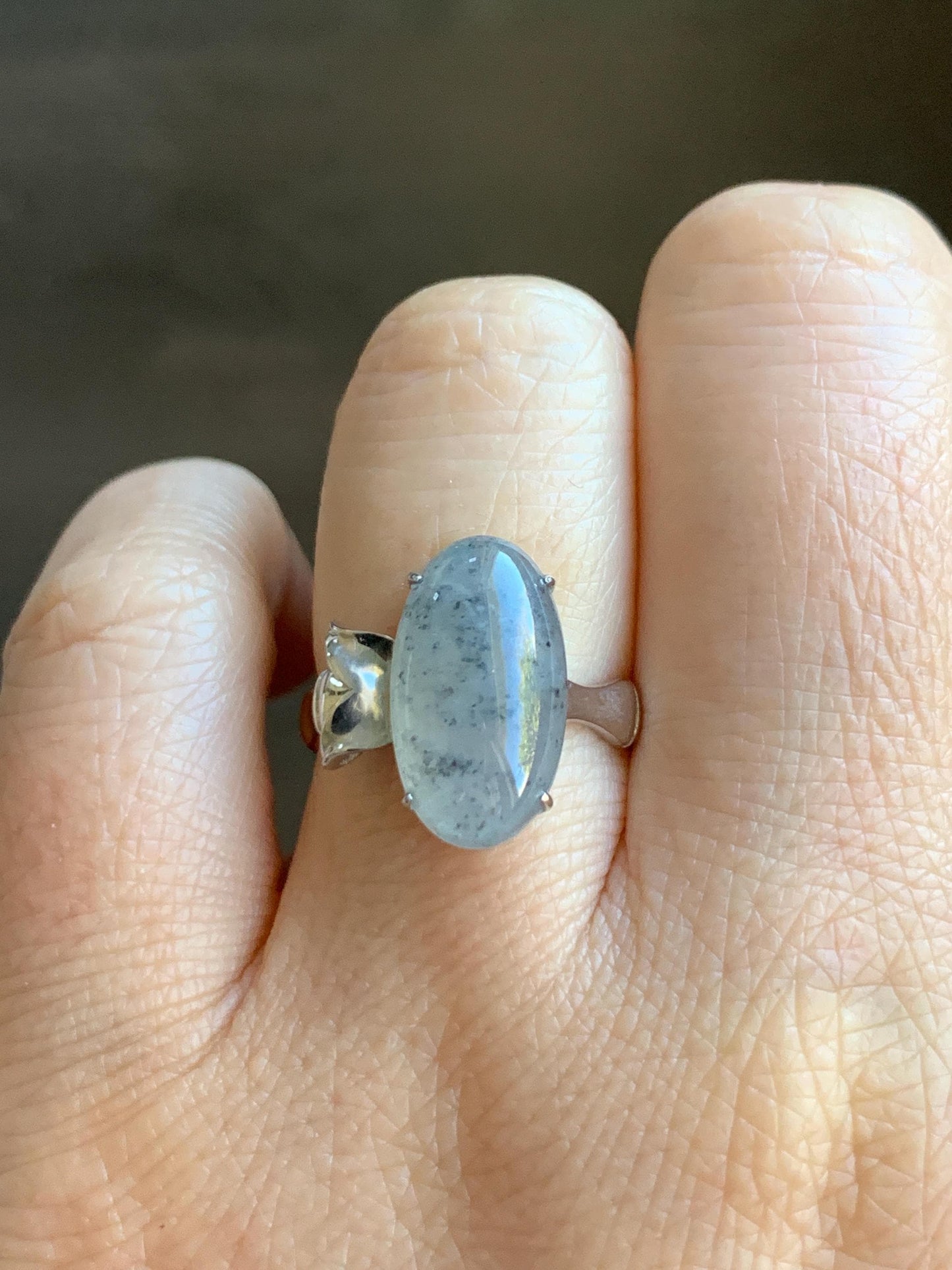 Certified Natural Grade A Icy Translucent Gelatinous Wuji Oval Jadeite Bamboo Ring Sterling Silver size 6.5 US 3.6g 天然冰胶乌鸡翡翠镶嵌竹节款戒指 7394