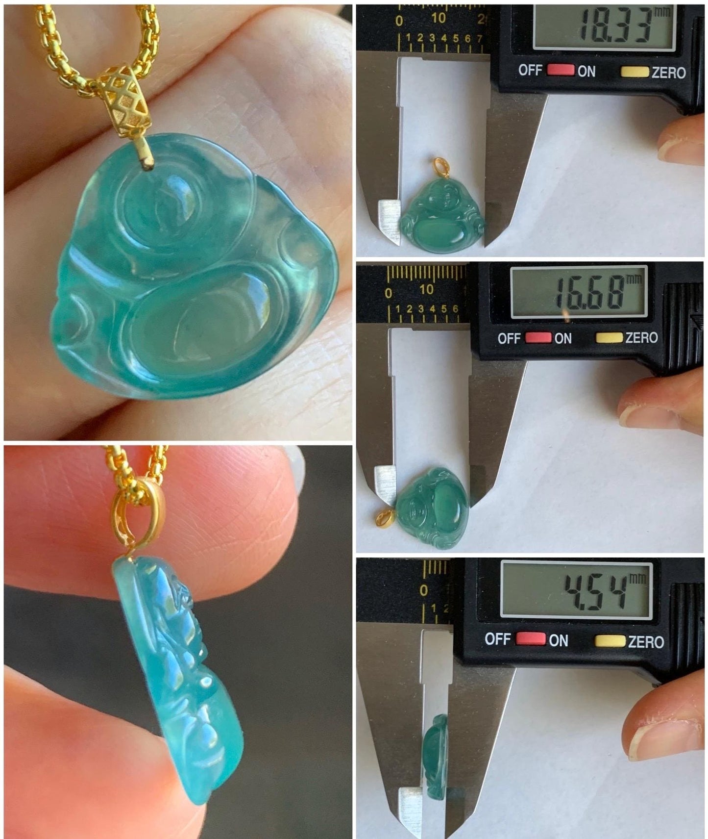 Natural Grade A Guatemalan Premium Icy Highly Translucent Teal Green Jadeite Buddha Pendant 18K Yellow Gold Bail 2g 天然冰危蓝绿起光翡翠佛公镶嵌吊坠
