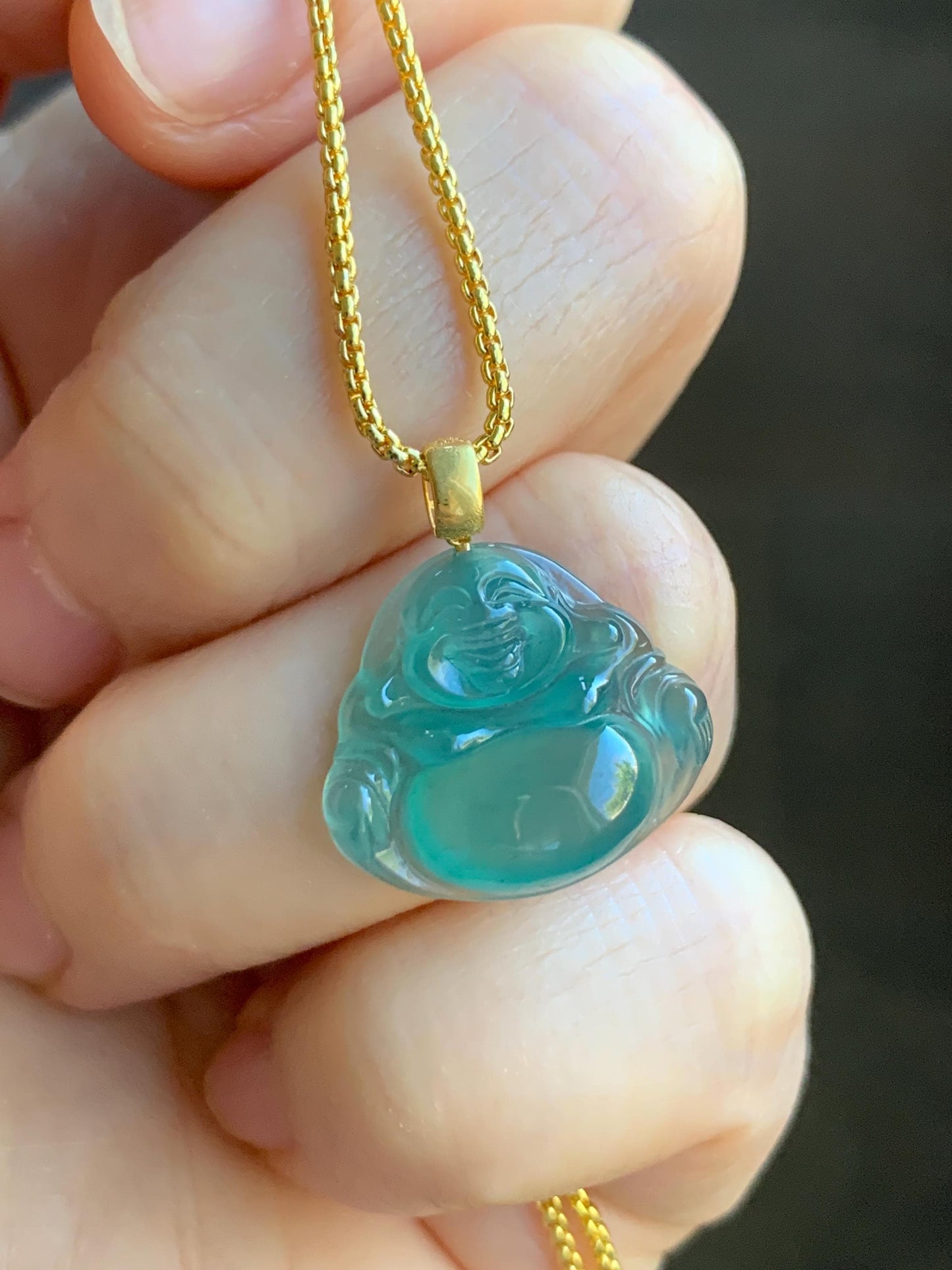 Natural Grade A Guatemalan Premium Icy Highly Translucent Teal Green Jadeite Buddha Pendant 18K Yellow Gold Bail 2g 天然冰危蓝绿起光翡翠佛公镶嵌吊坠