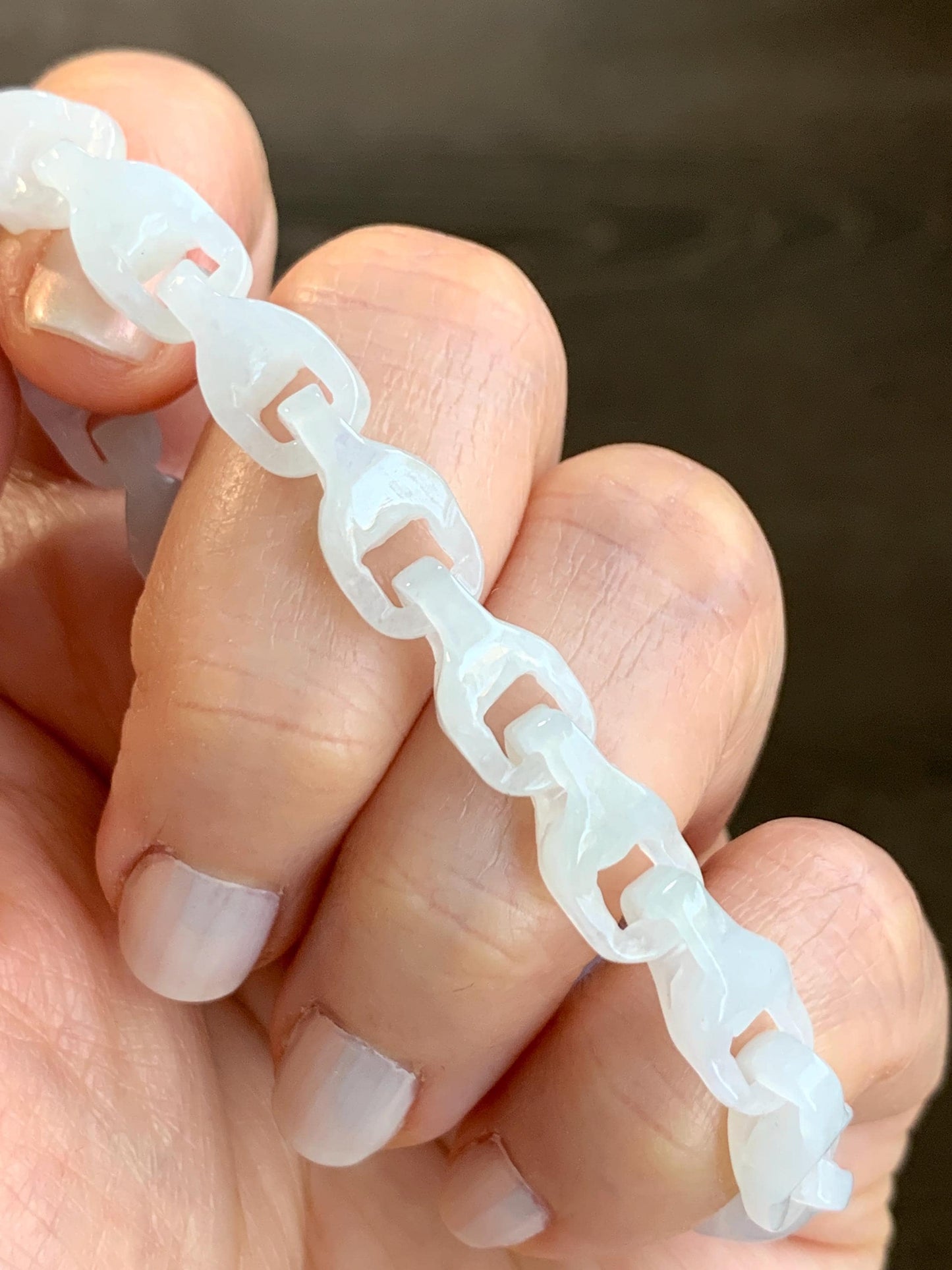 Natural Grade A Icy Translucent White Jadeite Carved Interlocking Dragon Bone Link Chain Bracelet Sterling Silver 7.5” 天然白冰胶翡翠龙骨雕手链冰危翡翠平安扣吊坠