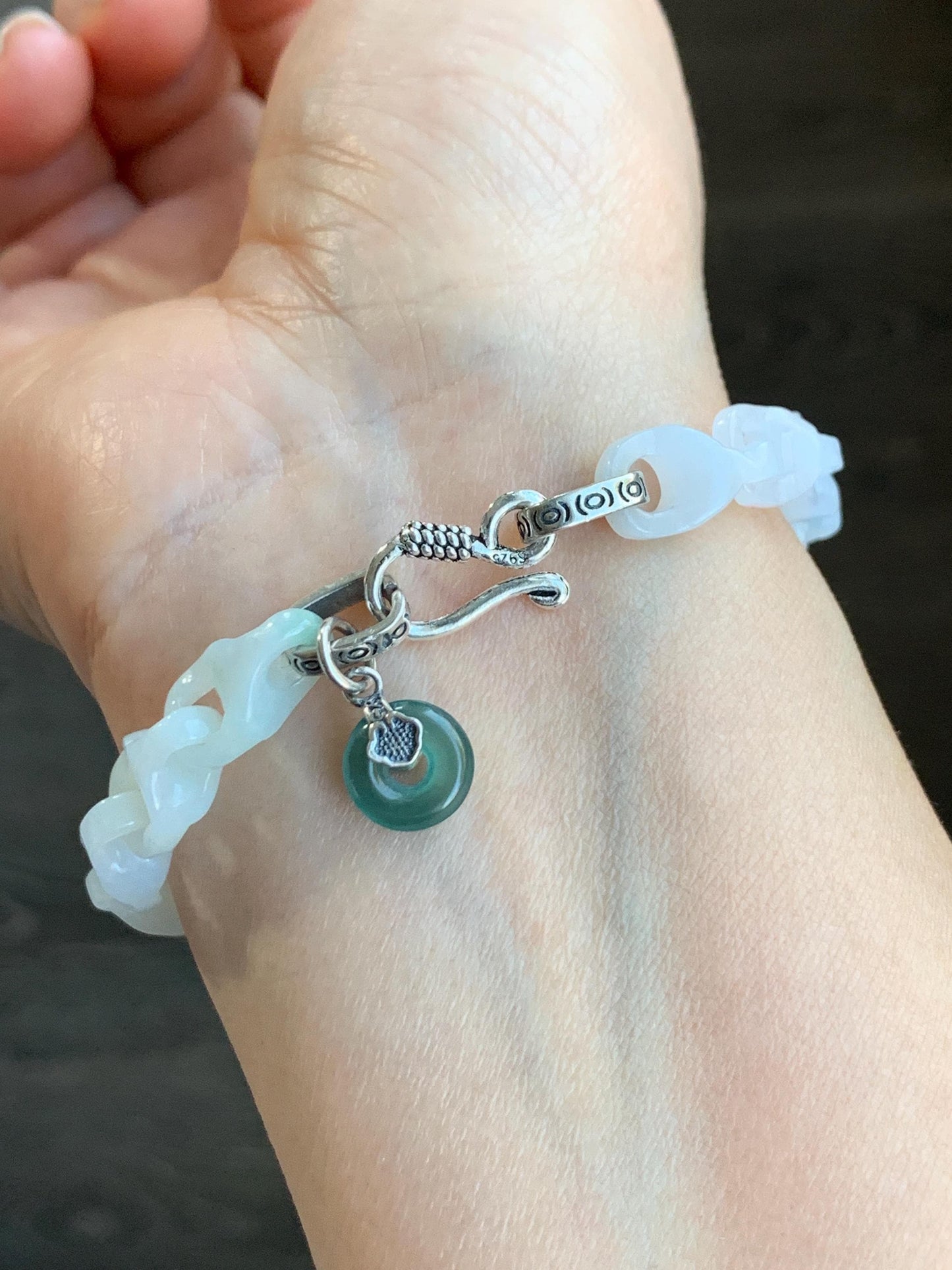 Natural Grade A Icy Translucent White Jadeite Carved Interlocking Dragon Bone Link Chain Bracelet Sterling Silver 7.5” 天然白冰胶翡翠龙骨雕手链冰危翡翠平安扣吊坠