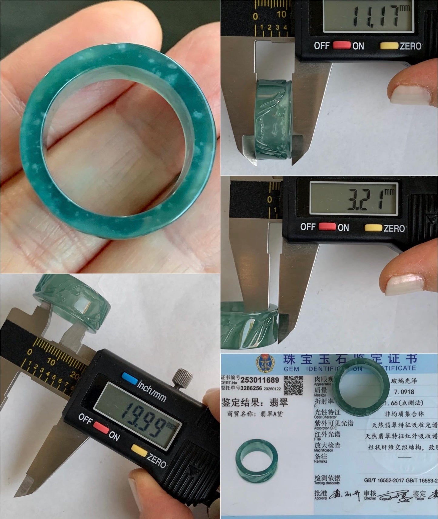 Certified Natural Guatemalan Icy Highly Translucent Dark Teal Green Jadeite Engraved Shan Shui Band Ring Banzhi Size 10 天然高冰危蓝绿翡翠山水戒圈 1689
