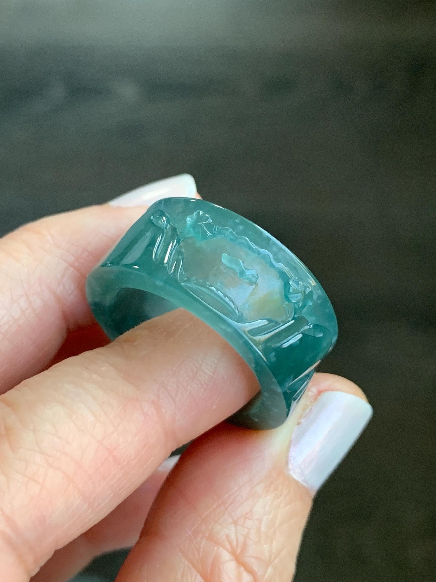 Certified Natural Guatemalan Icy Highly Translucent Dark Teal Green Jadeite Engraved Shan Shui Band Ring Banzhi Size 10