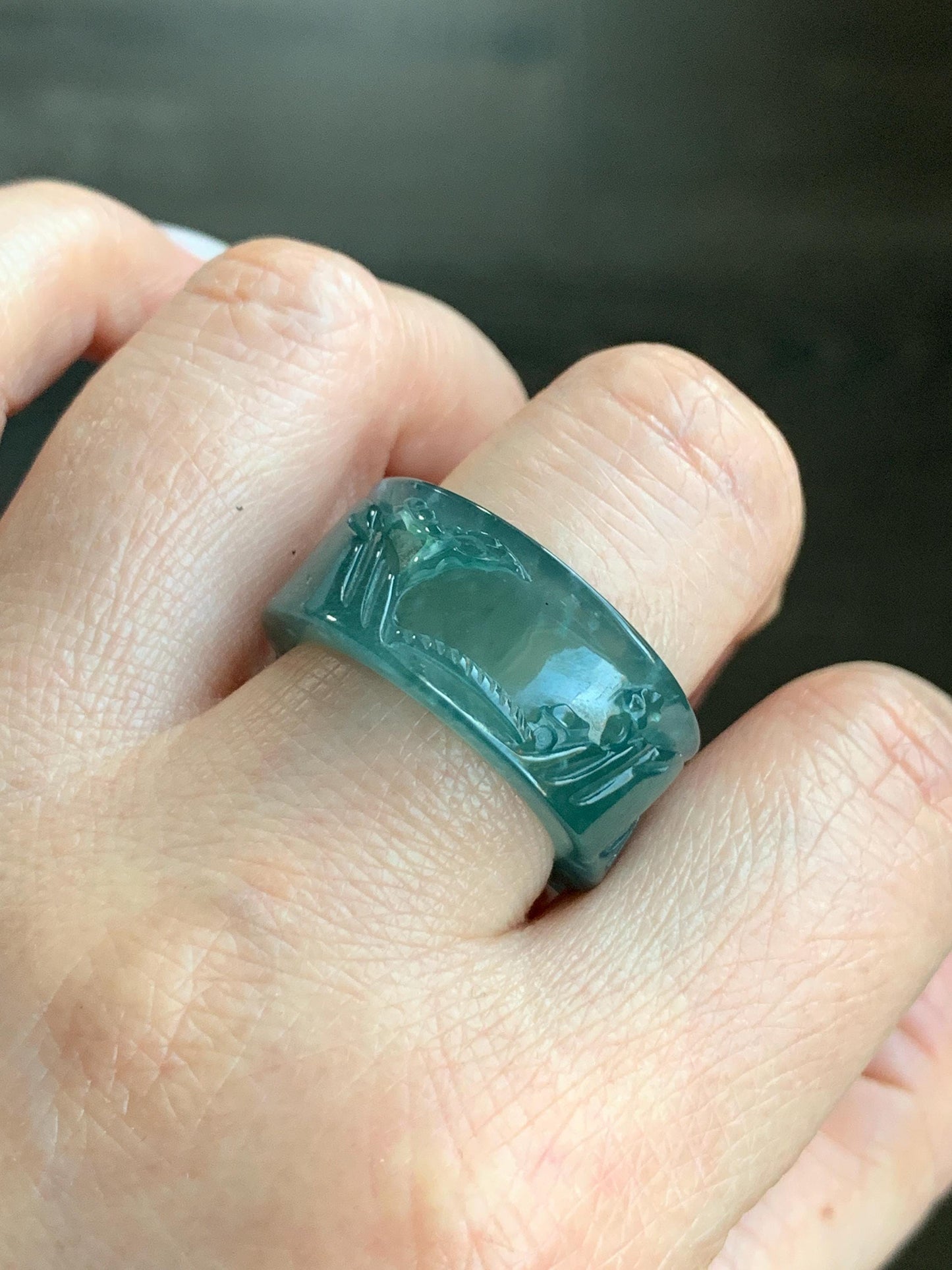Certified Natural Guatemalan Icy Highly Translucent Dark Teal Green Jadeite Engraved Shan Shui Band Ring Banzhi Size 10
