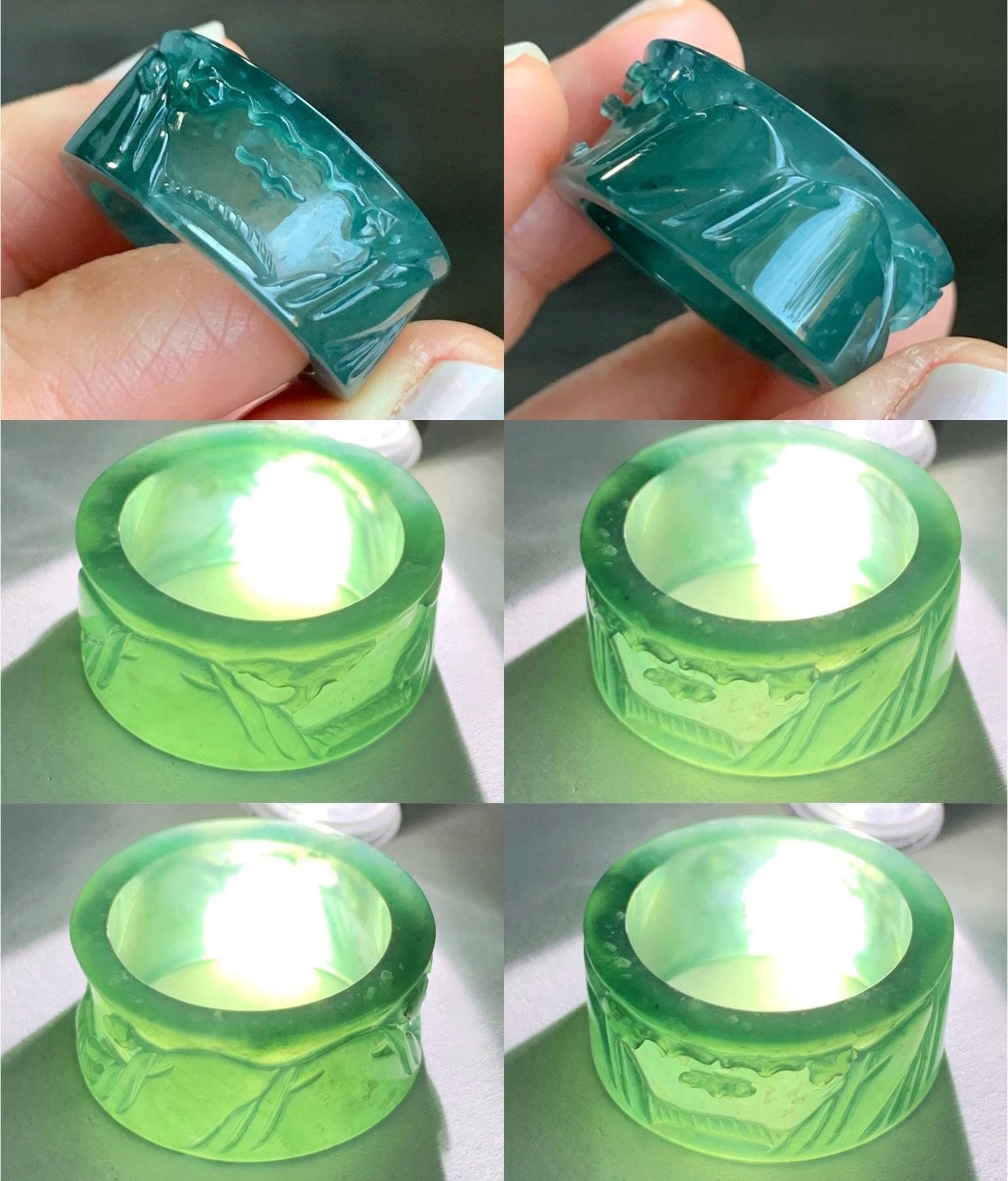 Certified Natural Guatemalan Icy Highly Translucent Dark Teal Green Jadeite Engraved Shan Shui Band Ring Banzhi Size 10 天然高冰危蓝绿翡翠山水戒圈 1688