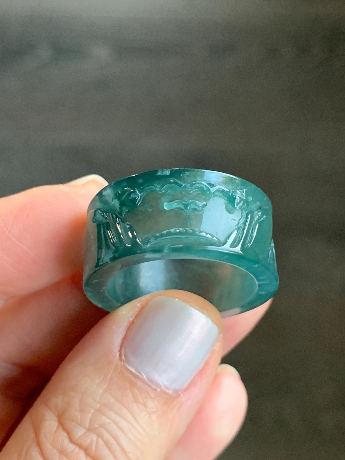 Certified Natural Guatemalan Icy Highly Translucent Dark Teal Green Jadeite Engraved Shan Shui Band Ring Banzhi Size 10