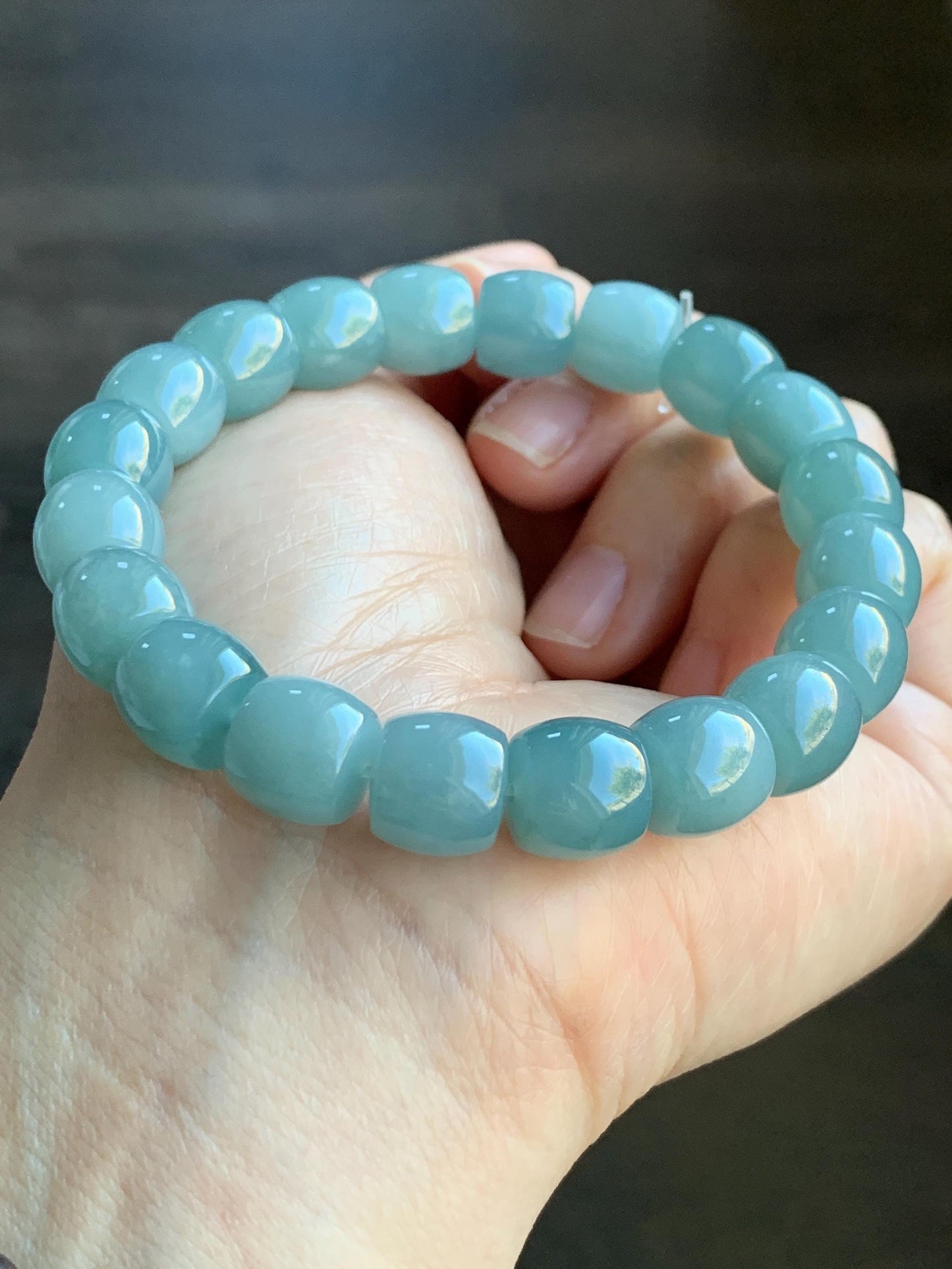Natural Grade A Guatemalan Icy Translucent Gelatinous Blue Jadeite Barrel Beads Beaded Bracelet Stretchy 49g