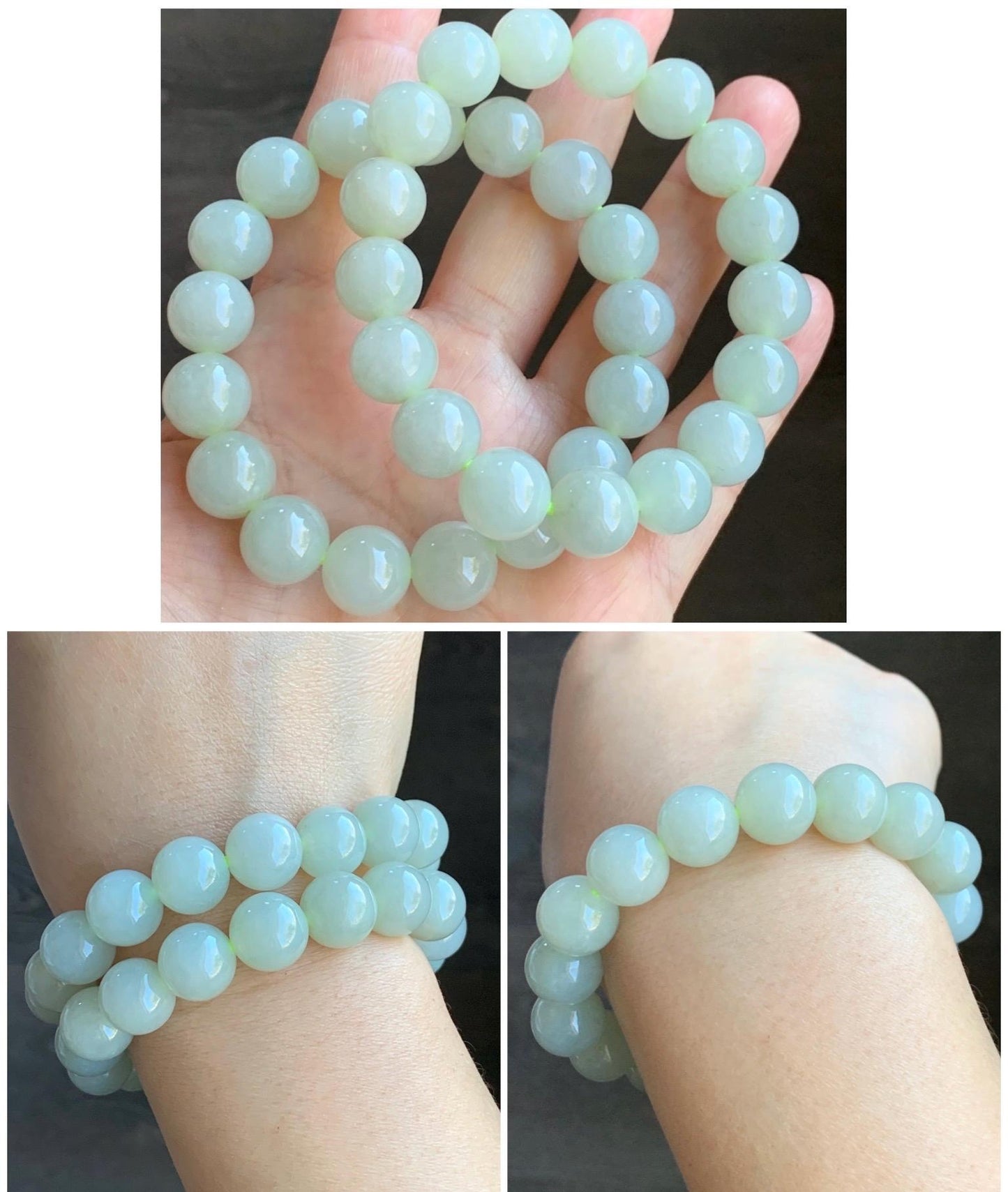 Natural Grade A Icy Translucent Light Beige Jadeite Large Round Beads Beaded Bracelet 12mm 51g 天然冰糖雪梨黄翡翠圆珠手串
