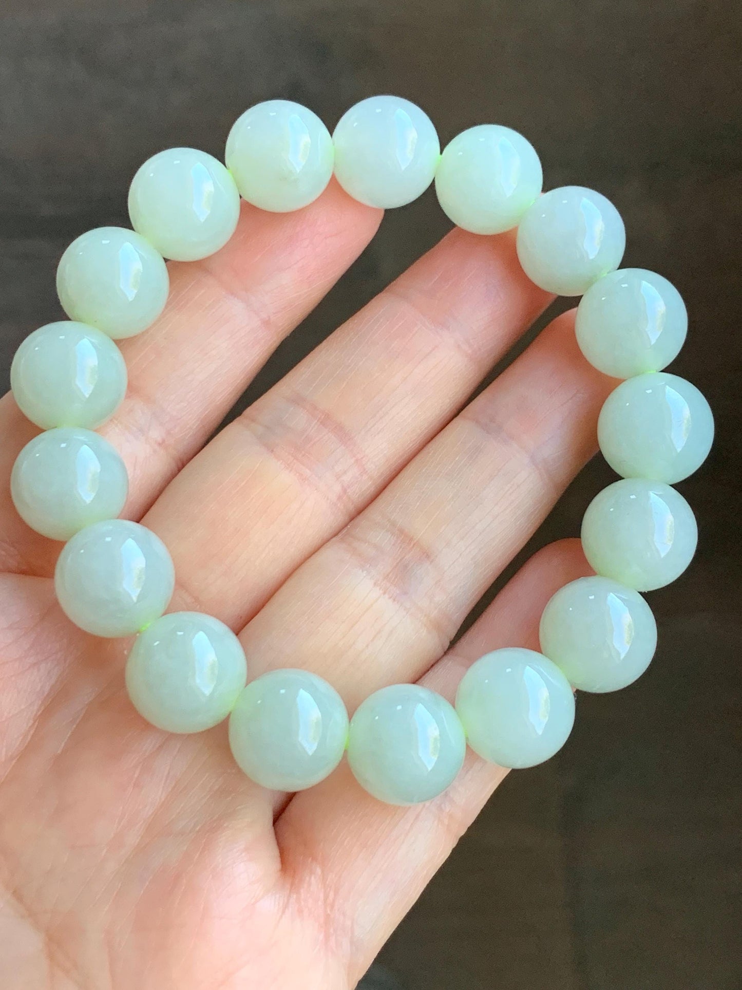Natural Grade A Icy Translucent Light Beige Jadeite Large Round Beads Beaded Bracelet 12mm 51g 天然冰糖雪梨黄翡翠圆珠手串
