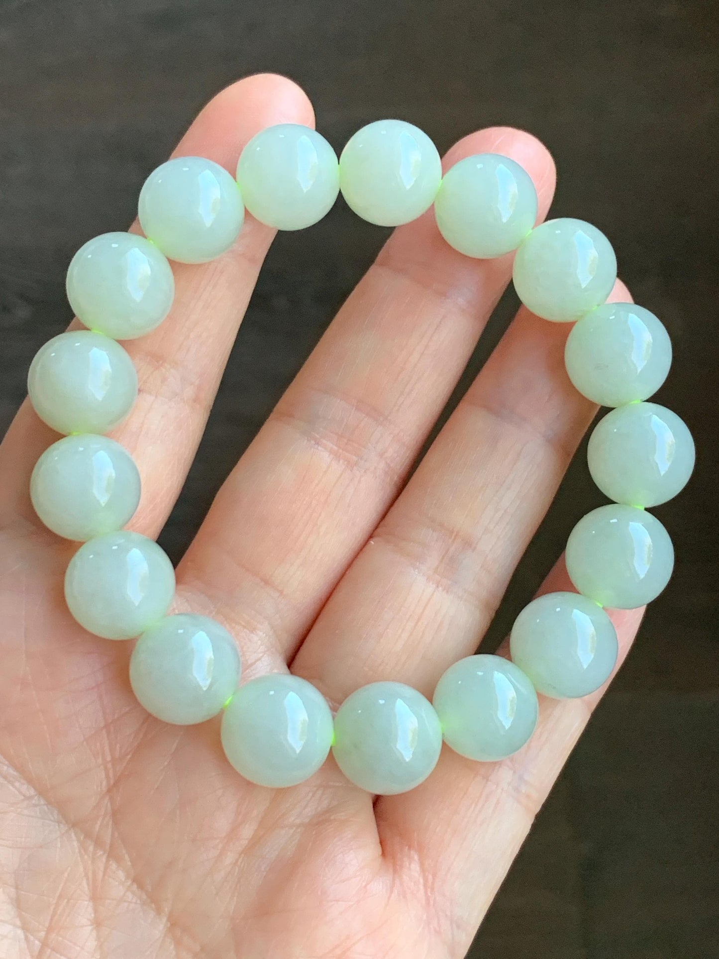 Natural Grade A Icy Translucent Light Beige Jadeite Large Round Beads Beaded Bracelet 12mm 51g 天然冰糖雪梨黄翡翠圆珠手串