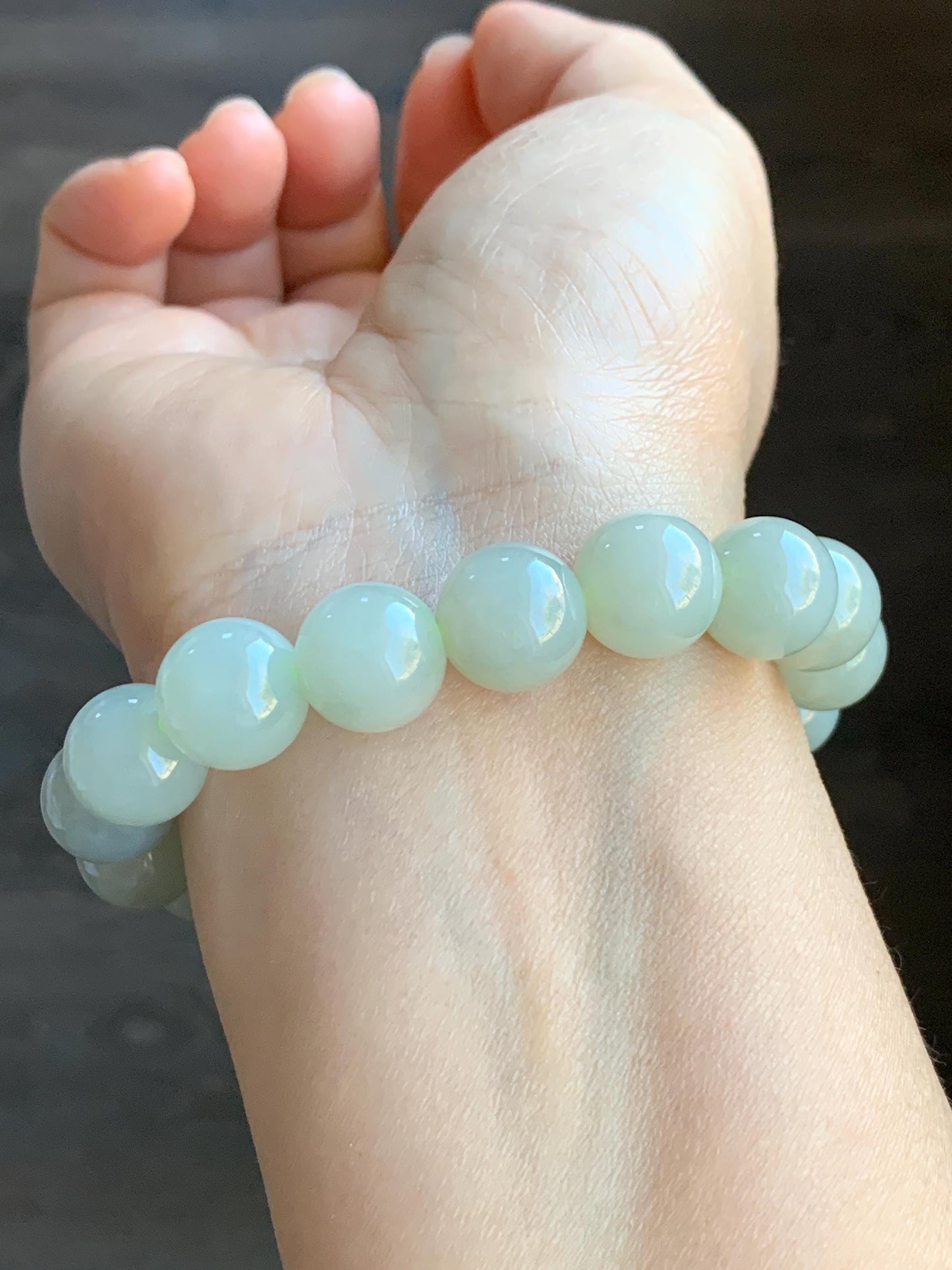 Natural Grade A Icy Translucent Light Beige Jadeite Large Round Beads Beaded Bracelet 12mm 51g 天然冰糖雪梨黄翡翠圆珠手串