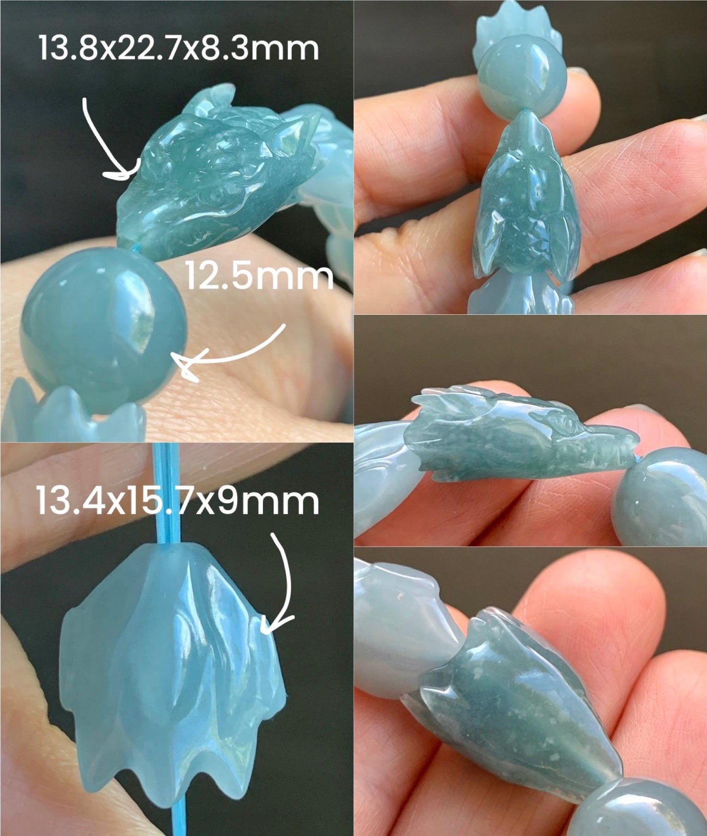 Natural Guatemalan Icy Translucent Gelatinous Dusty Light Blue Jadeite Carved Dragon Bone & Sphere Beaded Bracelet 7.5” 45g 天然冰胶危淡蓝翡翠龙骨翡翠珠手串