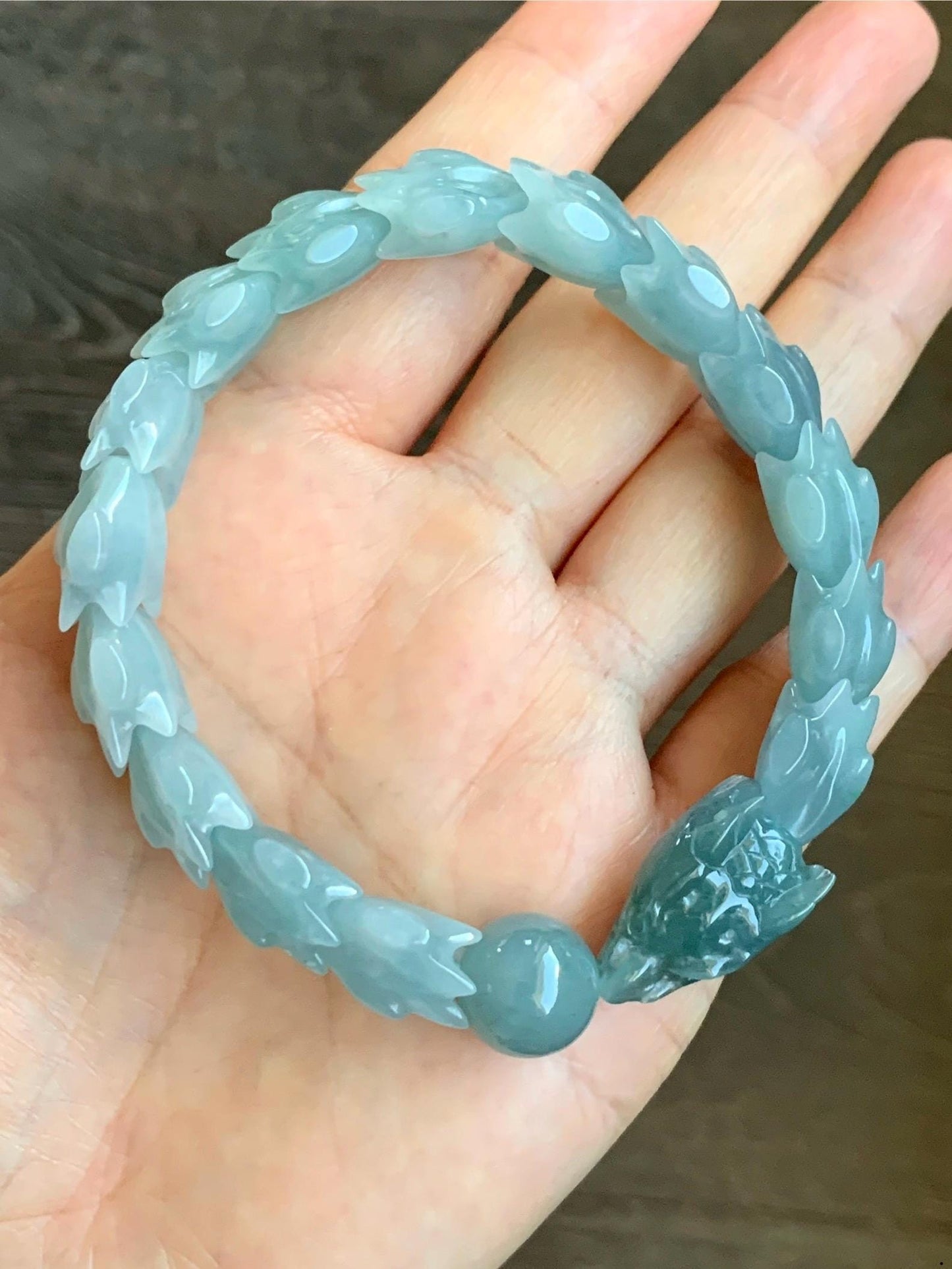 Natural Guatemalan Icy Translucent Gelatinous Dusty Light Blue Jadeite Carved Dragon Bone & Sphere Beaded Bracelet 7.5” 45g 天然冰胶危淡蓝翡翠龙骨翡翠珠手串