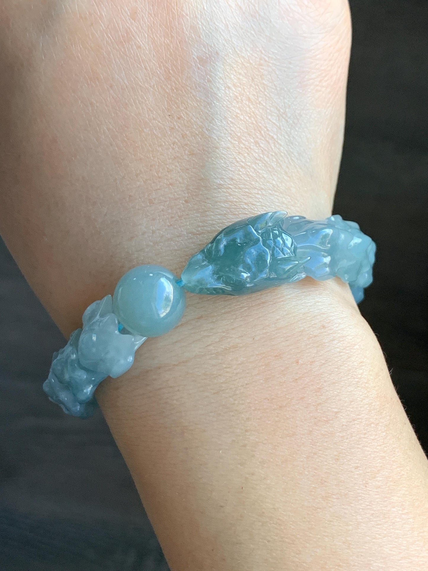 Natural Guatemalan Icy Translucent Gelatinous Dusty Light Blue Jadeite Carved Dragon Bone & Sphere Beaded Bracelet 7.5” 45g 天然冰胶危淡蓝翡翠龙骨翡翠珠手串