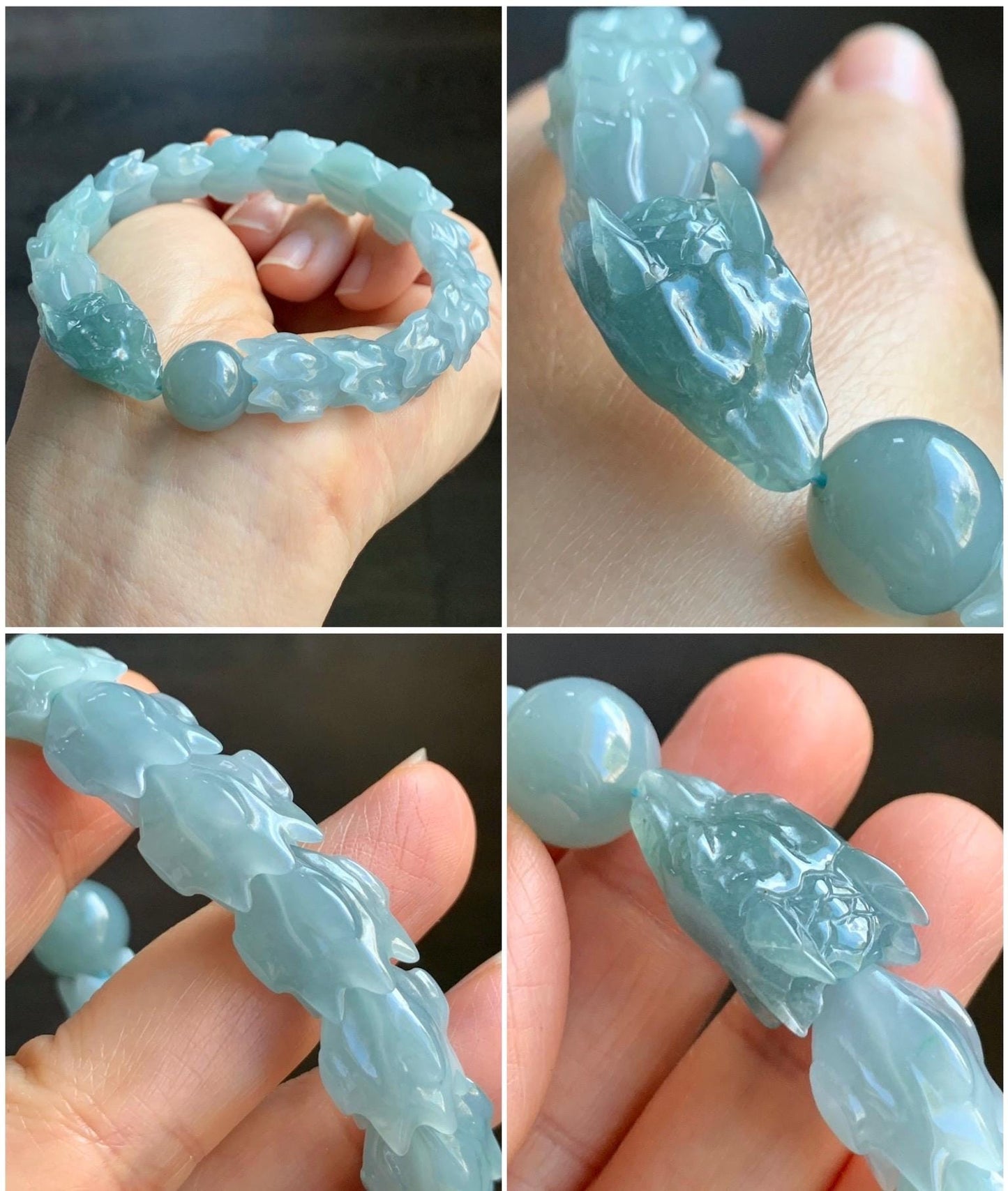 Natural Guatemalan Icy Translucent Gelatinous Dusty Light Blue Jadeite Carved Dragon Bone & Sphere Beaded Bracelet 7.5” 45g 天然冰胶危淡蓝翡翠龙骨翡翠珠手串