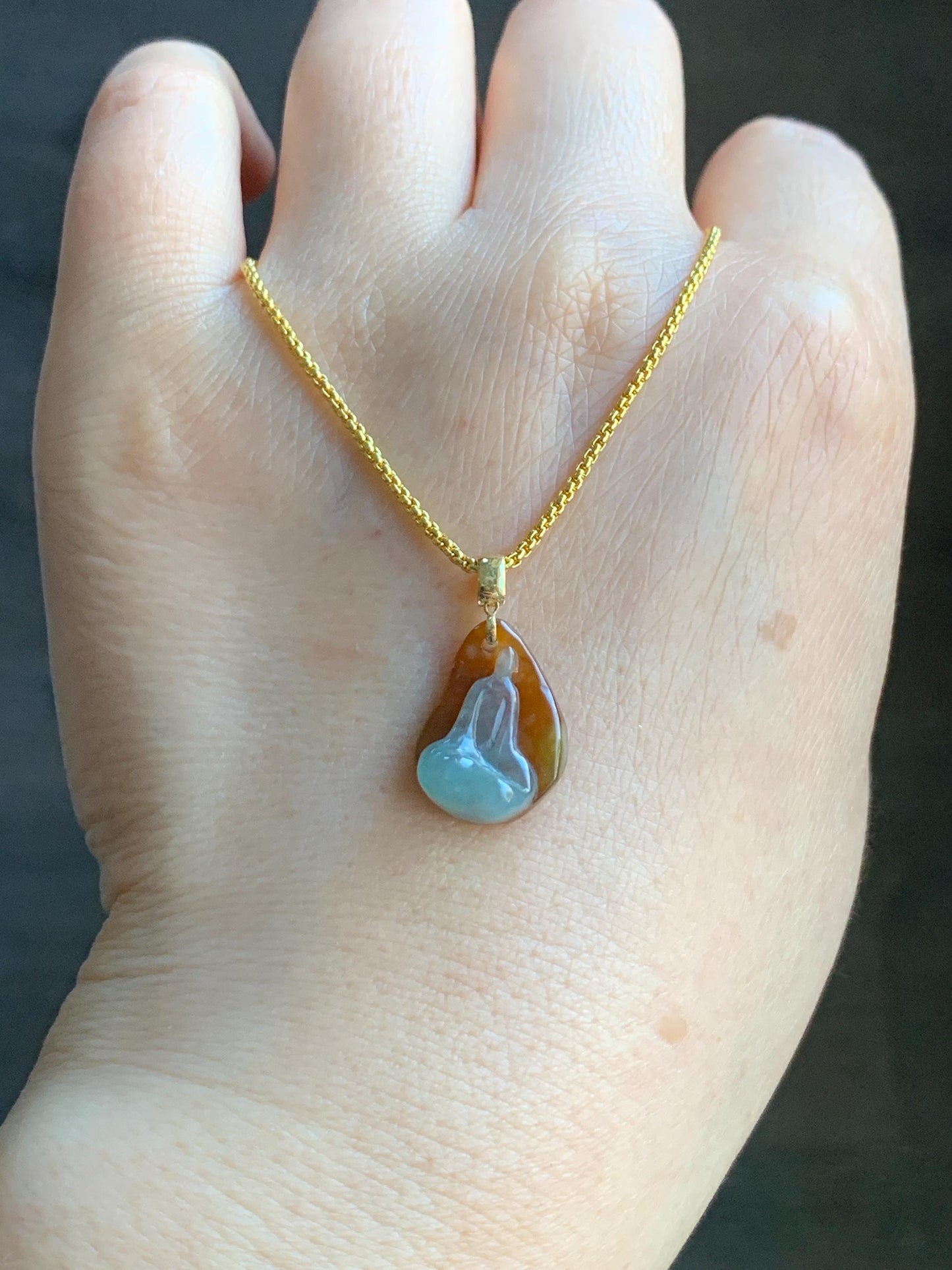 Petite Natural Grade A Bicolored Light Blue & Red Icy Translucent Jadeite Carved Chanting Monk Pendant 18K Yellow Gold