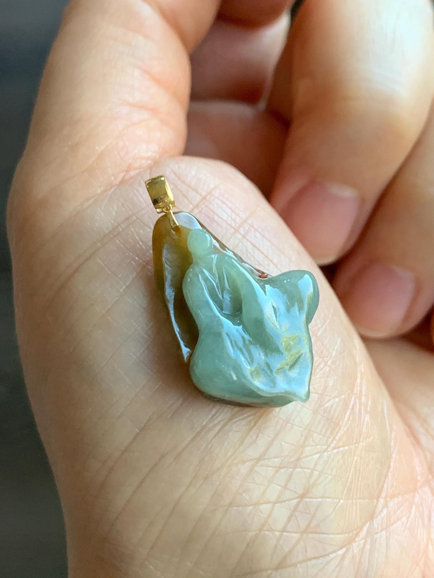 Petite Natural Grade A Bicolored Light Blue & Red Icy Translucent Jadeite Carved Chanting Monk Pendant 18K Yellow Gold