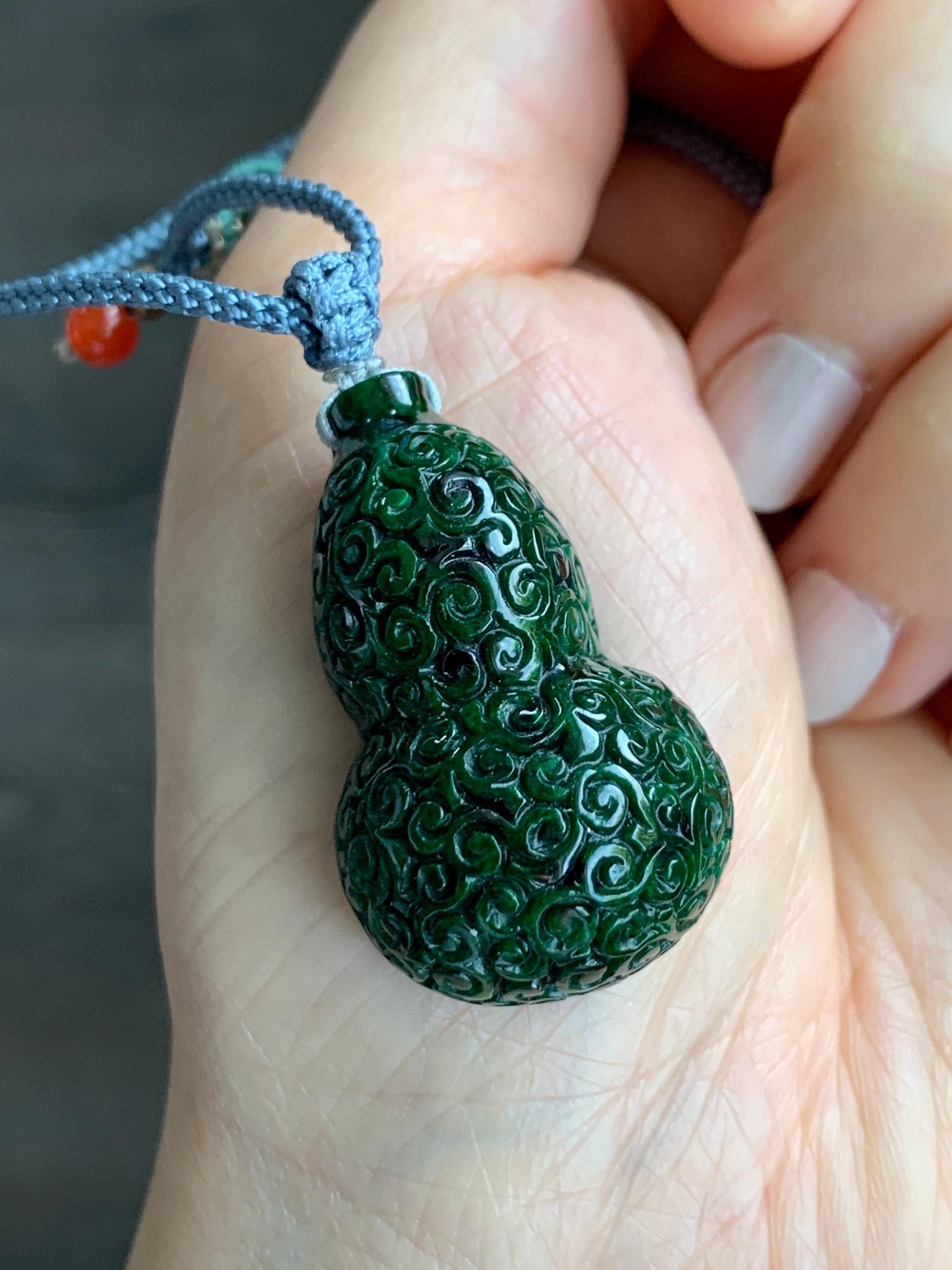 Natural Grade A Icy Dark Green Vibrant Green Marbled Jadeite Engraved Gourd Hulu Pendant Rope Necklace Adjustable