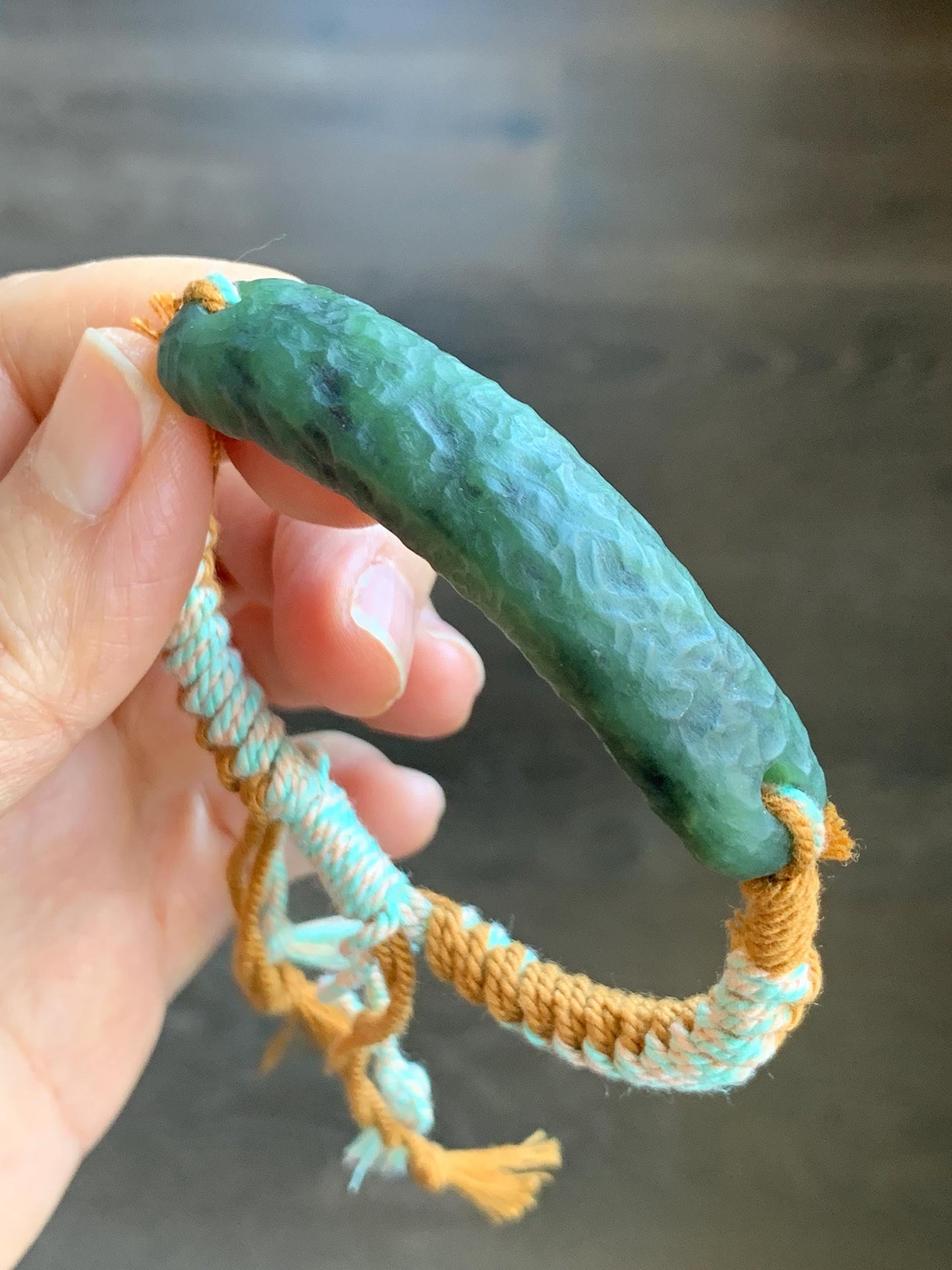 Natural Grade A Nephrite Jade Cuff Rope Bracelet Translucent Dark Green Adjustable 6.75" 20g 天然和田玉仿古手牌手绳 C