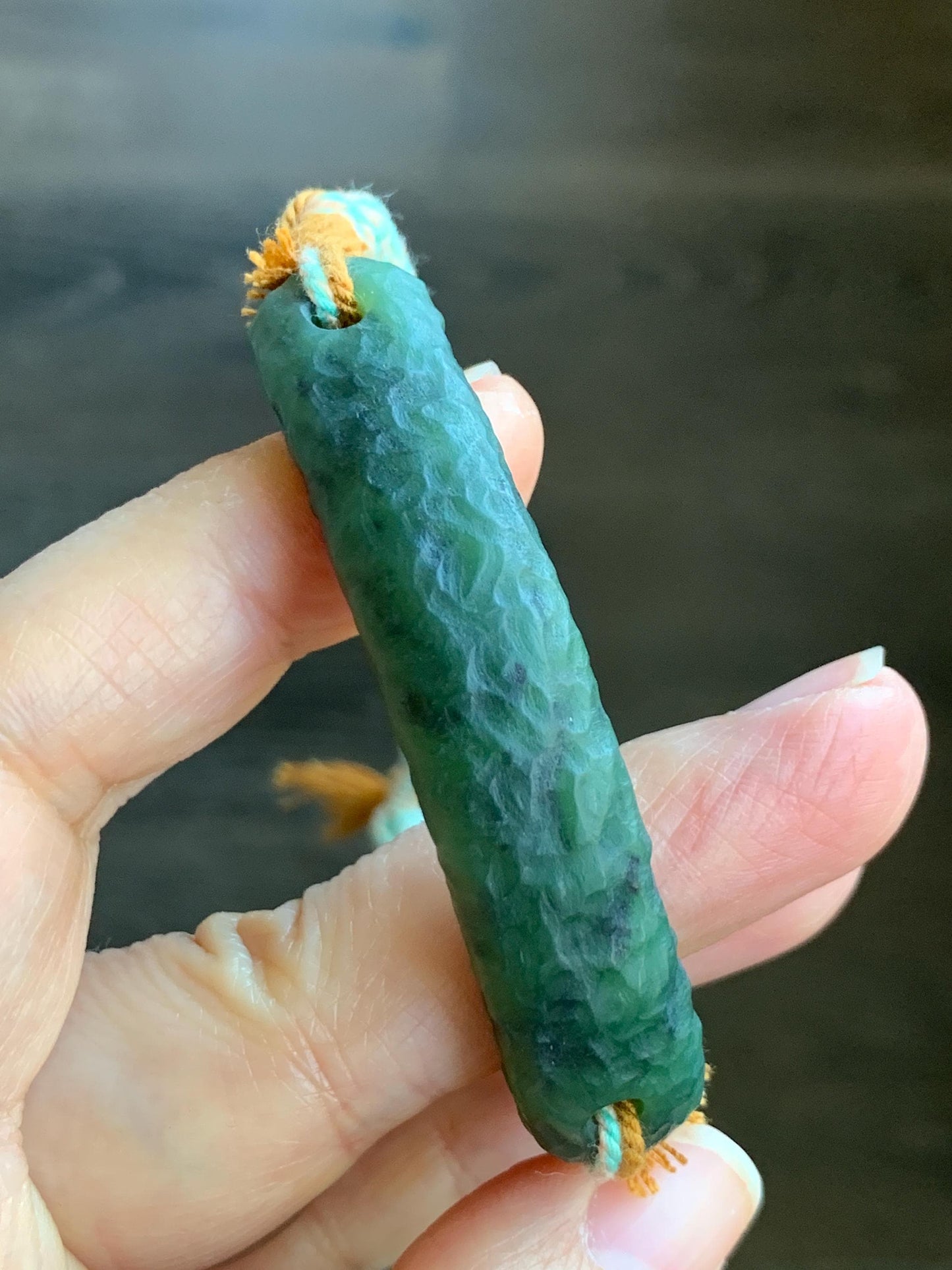 Natural Grade A Nephrite Jade Cuff Rope Bracelet Translucent Dark Green Adjustable 6.75" 20g 天然和田玉仿古手牌手绳 C
