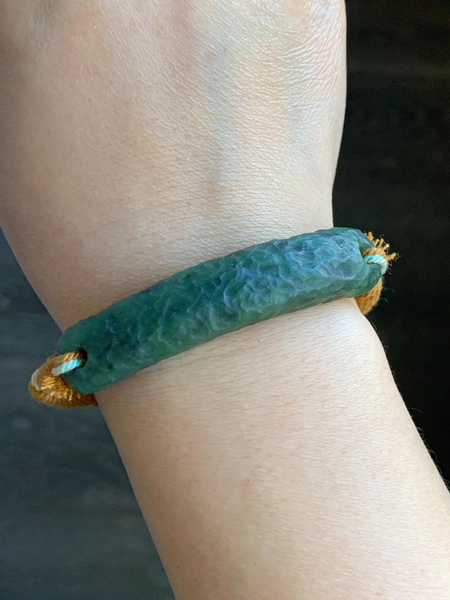 Natural Grade A Nephrite Jade Cuff Rope Bracelet Translucent Dark Green Adjustable 6.75" 20g 天然和田玉仿古手牌手绳 C