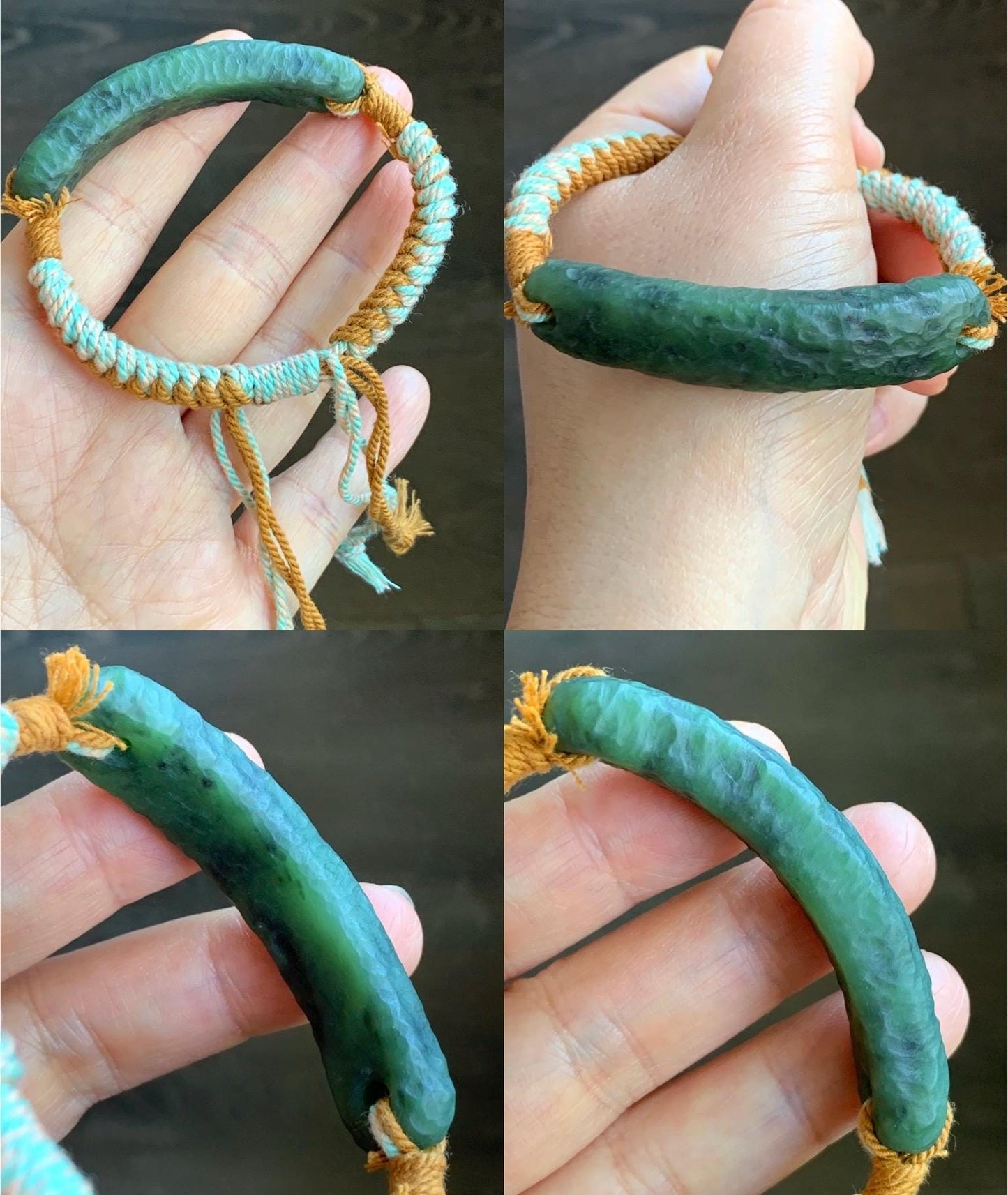 Natural Grade A Nephrite Jade Cuff Rope Bracelet Translucent Dark Green Adjustable 6.75" 20g 天然和田玉仿古手牌手绳 C