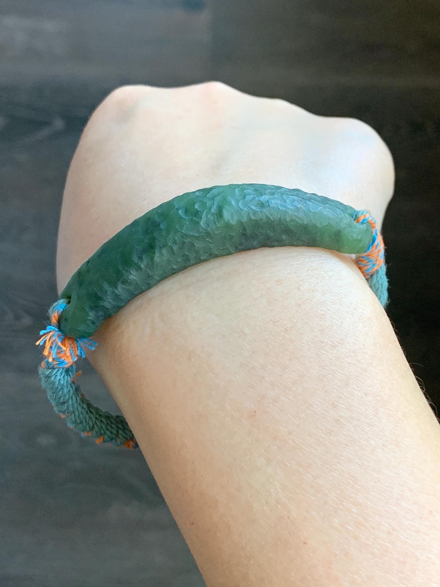 Natural Grade A Nephrite Jade Cuff Rope Bracelet Translucent Dark Green Adjustable 7" 19g 天然和田玉仿古手牌手绳 B