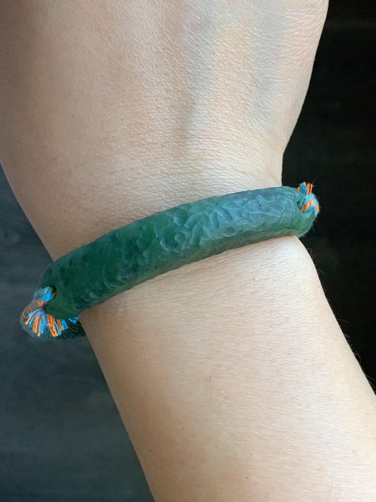 Natural Grade A Nephrite Jade Cuff Rope Bracelet Translucent Dark Green Adjustable 7" 19g 天然和田玉仿古手牌手绳 B