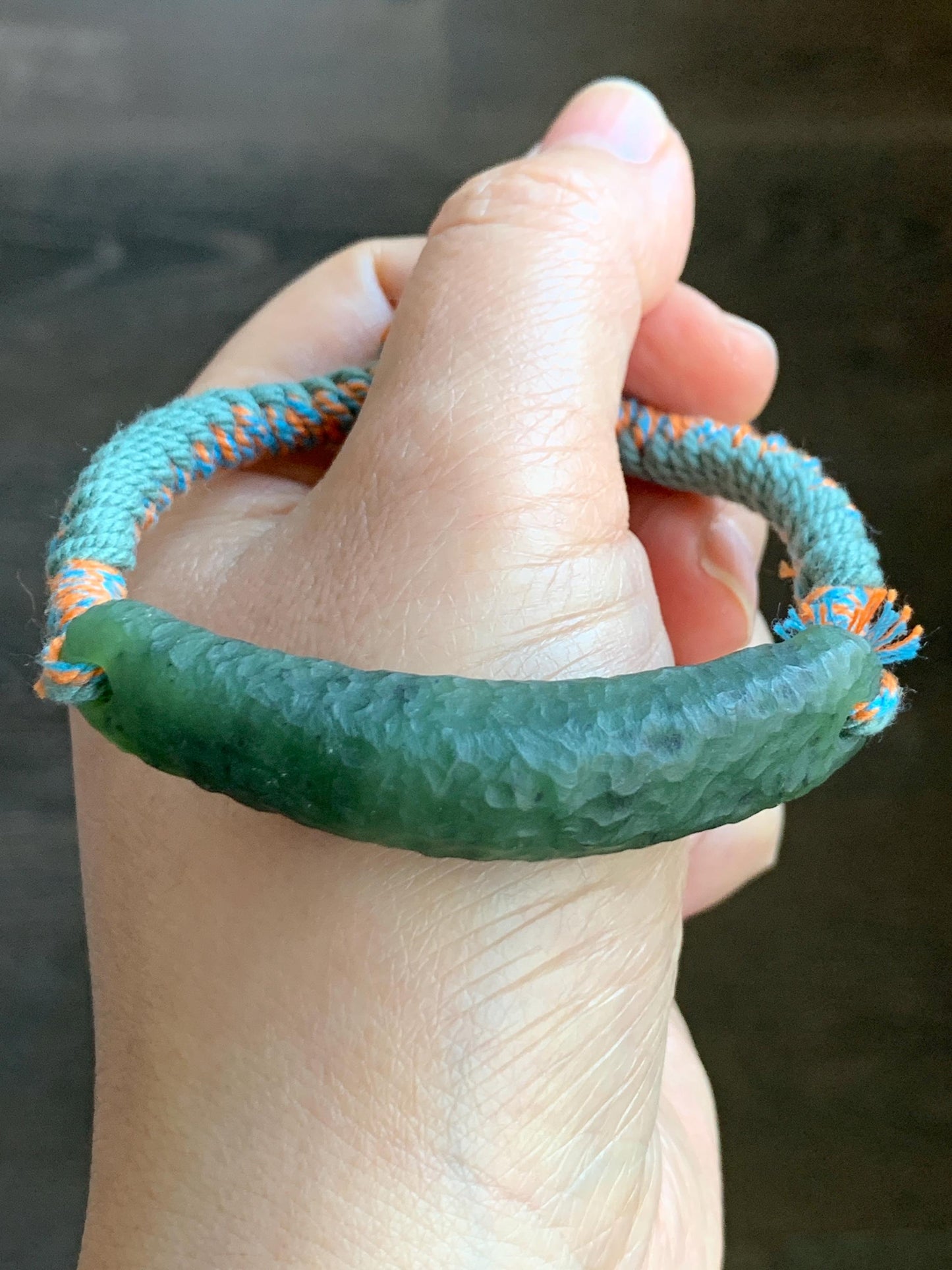Natural Grade A Nephrite Jade Cuff Rope Bracelet Translucent Dark Green Adjustable 7" 19g 天然和田玉仿古手牌手绳 B